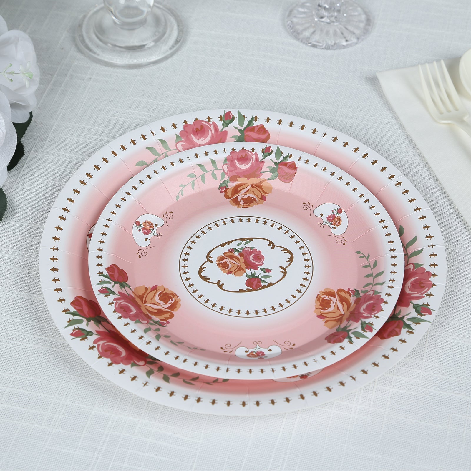 25-Piece Set of 7-Inch Dusty Rose Disposable Paper Dessert Plates with Vintage Rose Prints