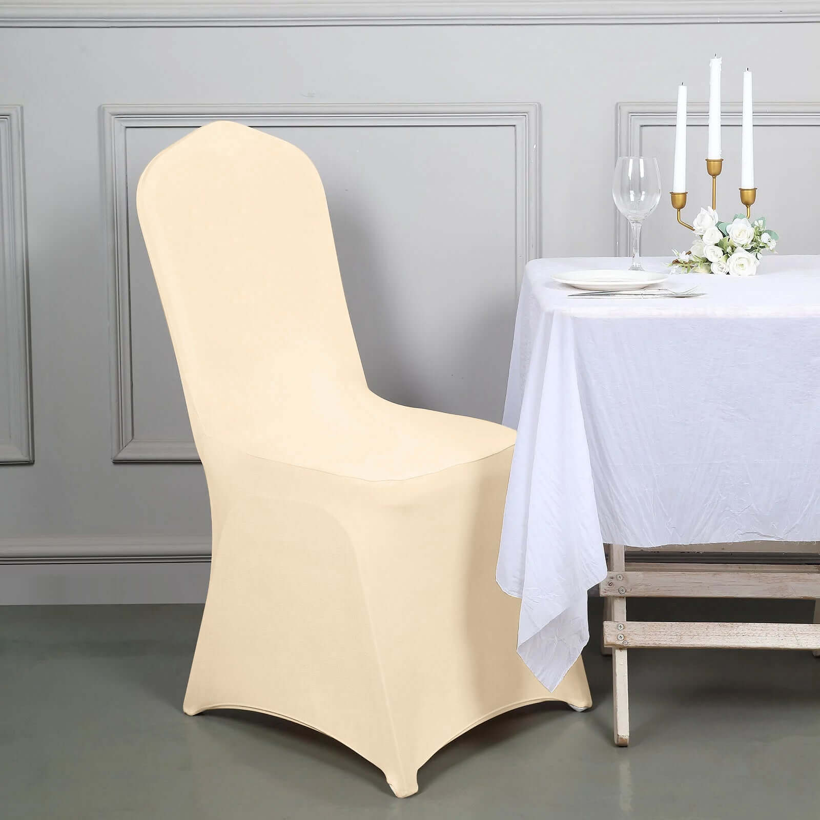 Beige Stretch Spandex Chair Cover for Banquet Chairs - 160GSM Premium Fabric