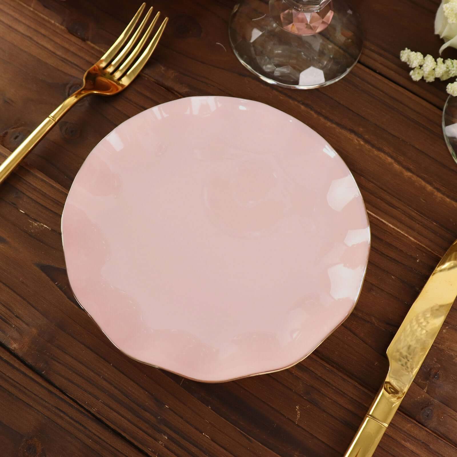 10-Piece Set of Sturdy Disposable Blush Plastic Round Dessert Plates with Gold Ruffled Edging