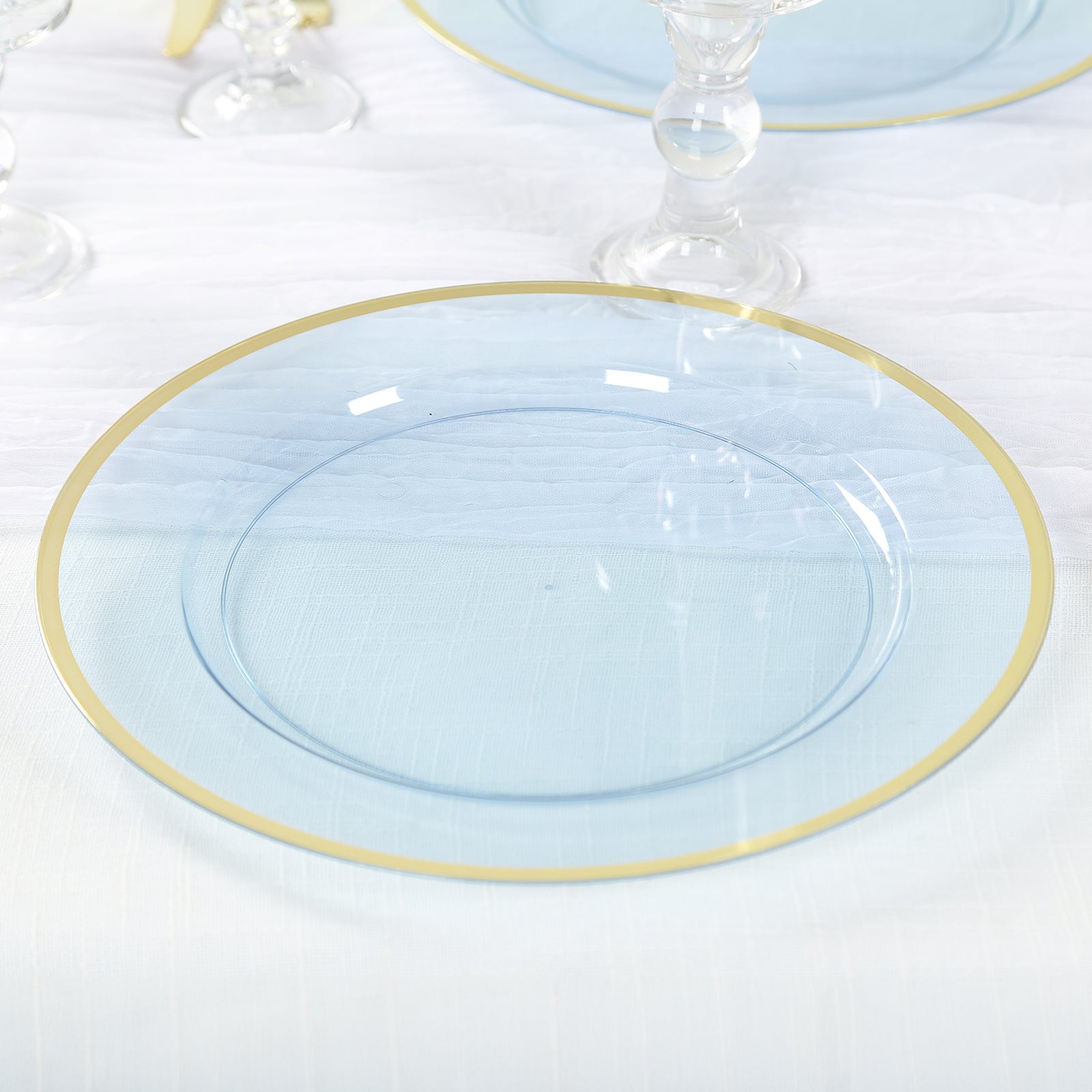 Economy 10-Pack 12-Inch Transparent Dusty Blue Round Plastic Charger Plates with Wide Gold Rim for Party Serving
