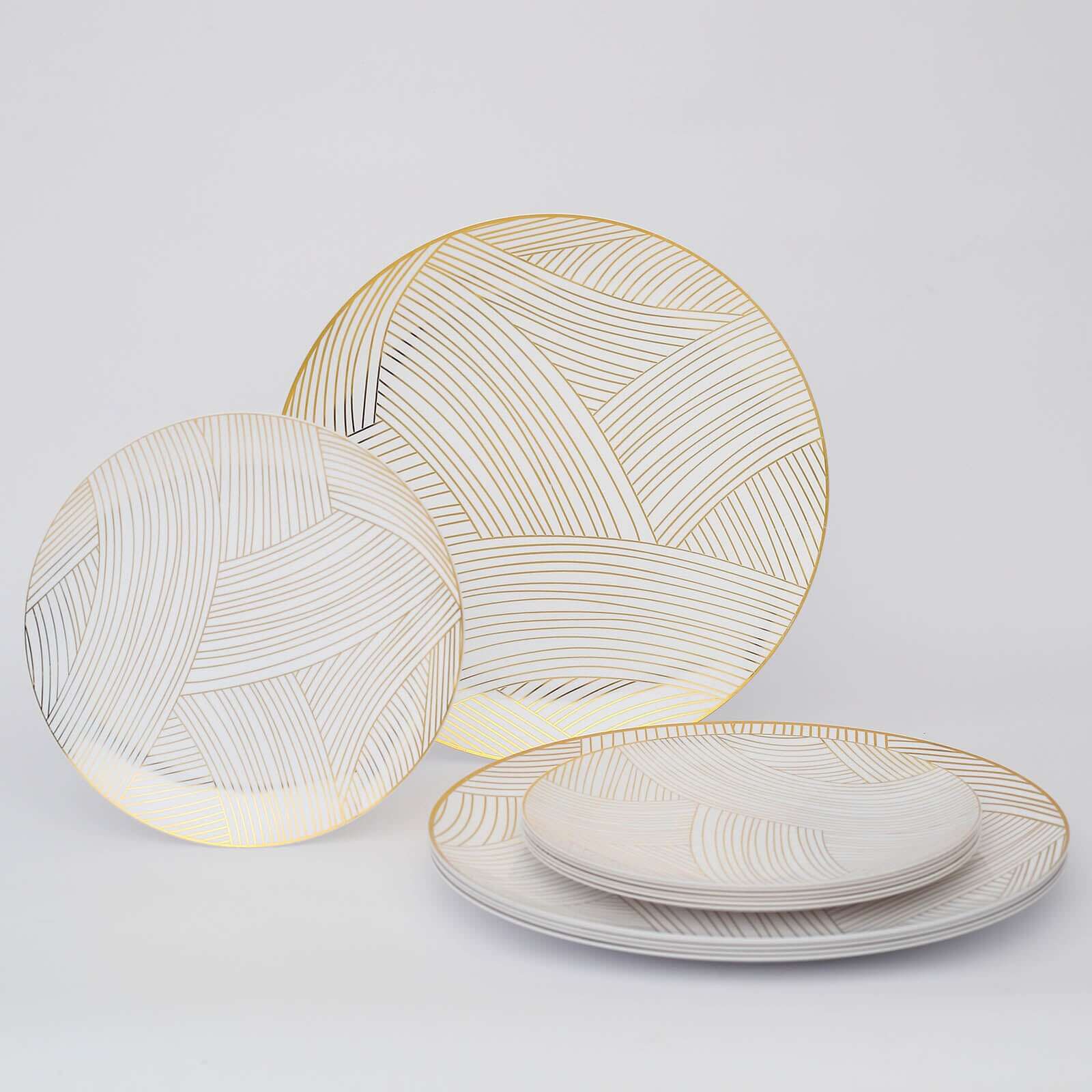 10-Pack Disposable White Plastic Round Dessert Plates with Gold Wave Pattern