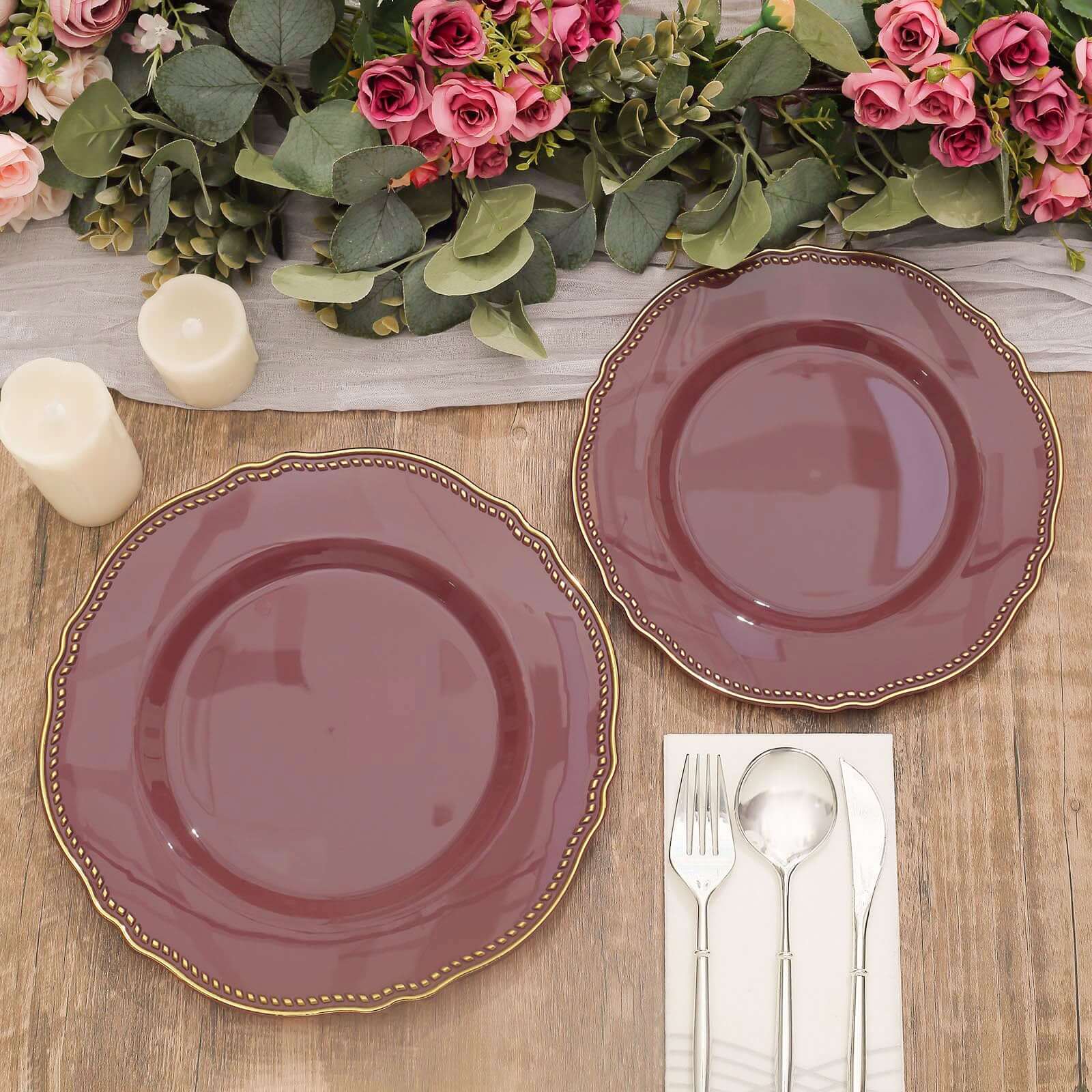 Hot Deal! 10-Pack 9" Disposable Plastic Dinner Plates in Cinnamon Rose with Gold Rim