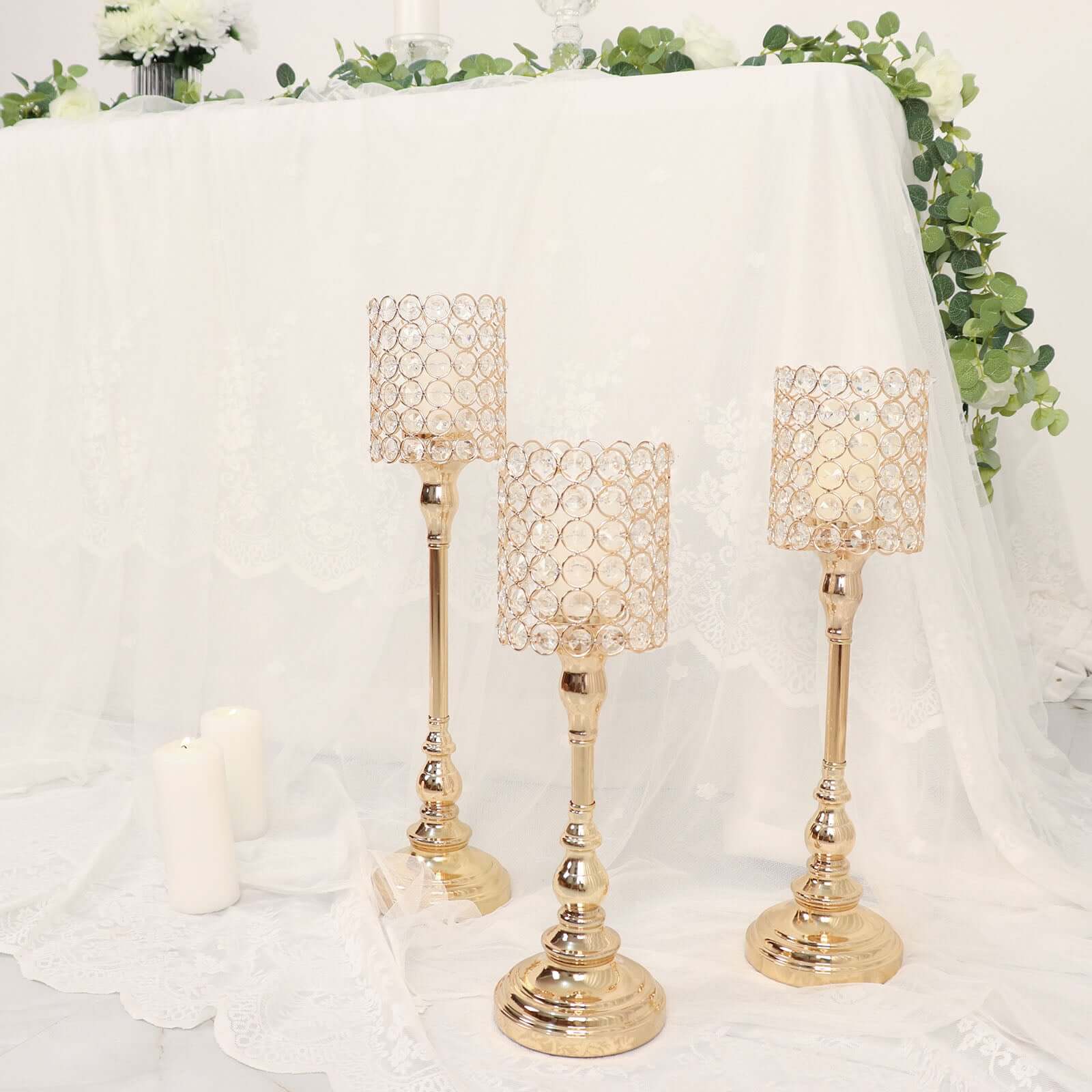 Hot Sale! Set of 3 Gold Crystal Beaded Cylinder Votive Candle Holder Stands for Events