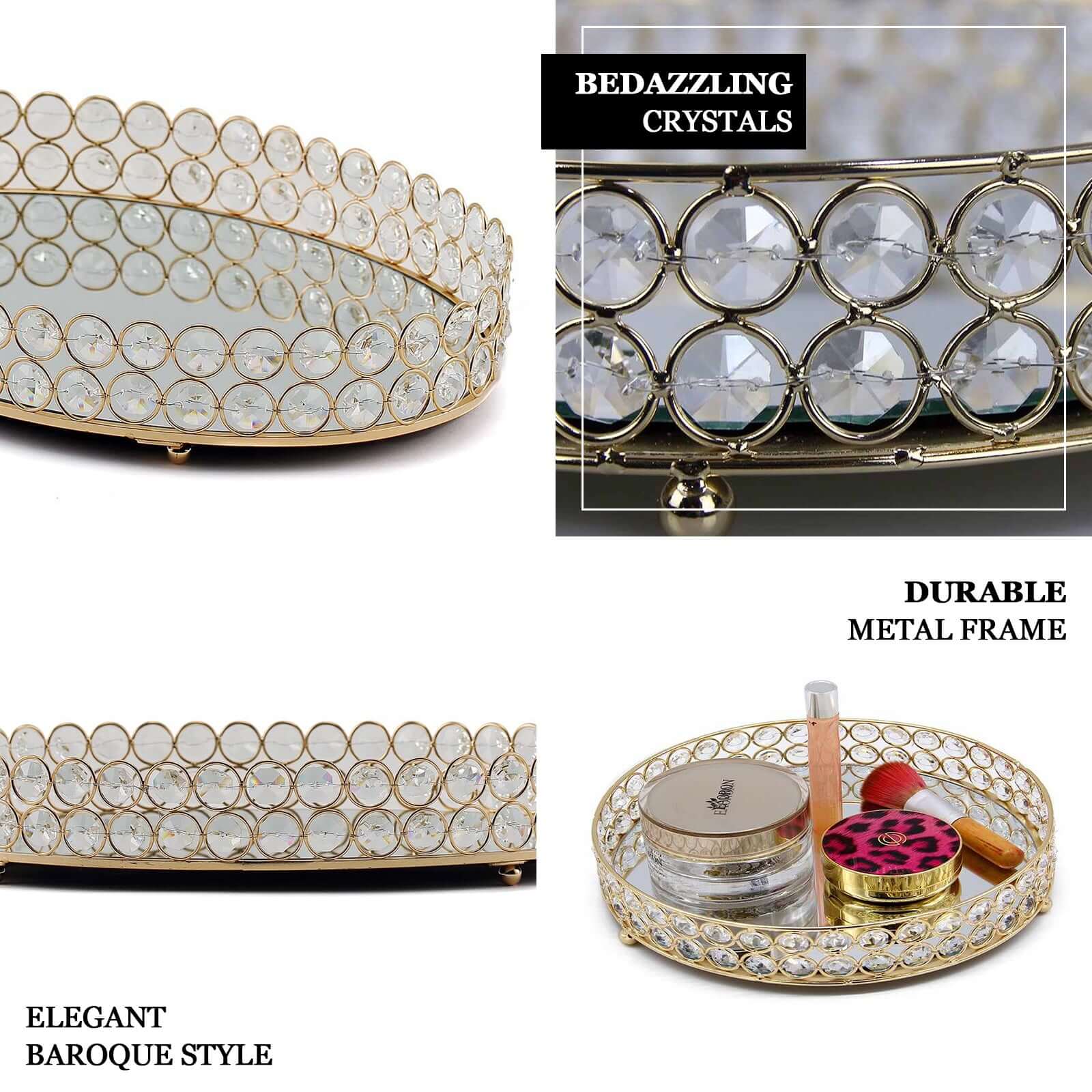 Hot Sale! Set of 2 Round Gold Metal Serving Trays with Mirrored Top, Ideal Decorative Centerpiece