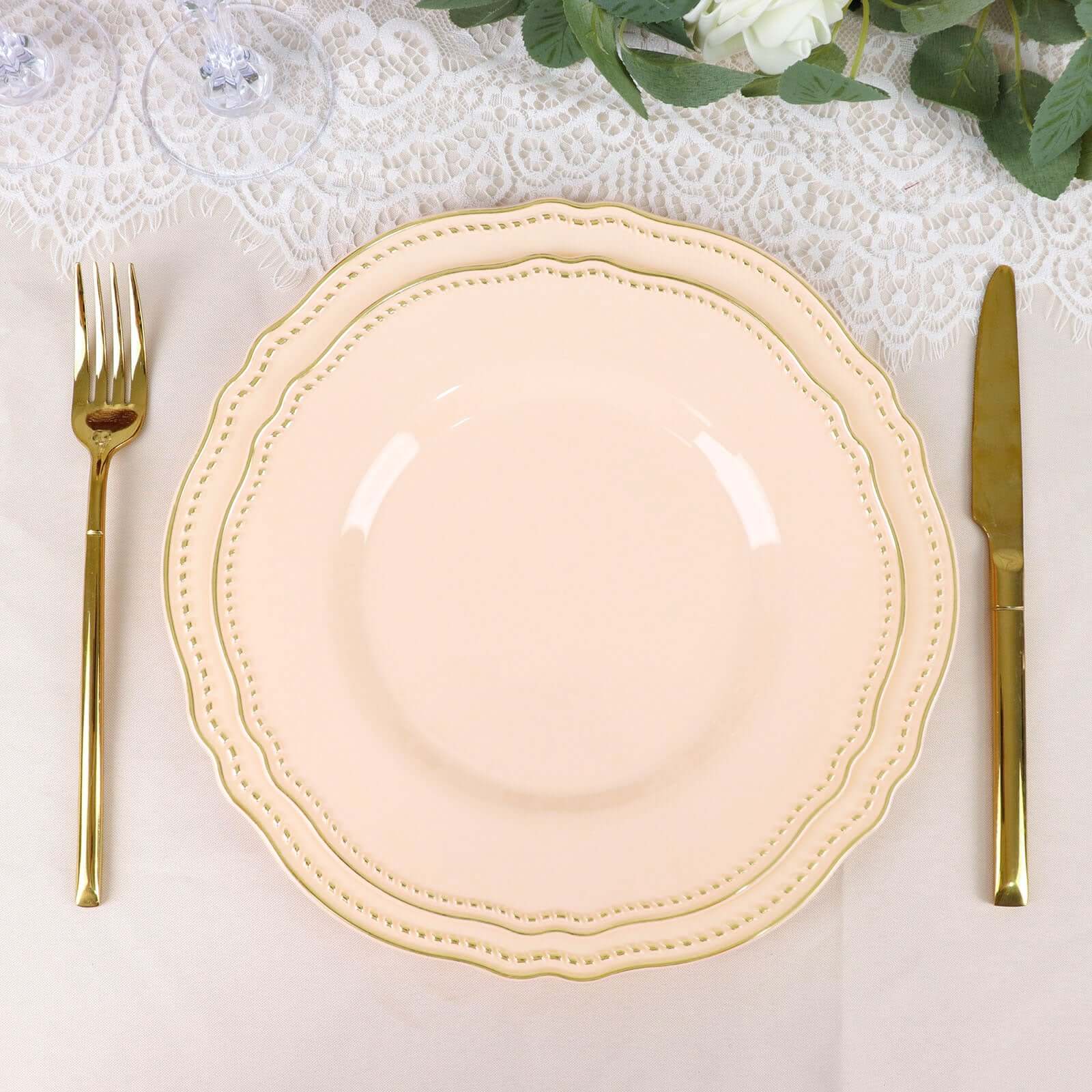 Hot Deal! 10-Pack Disposable Nude Plastic Dinner Plates with Gold Scalloped Rim, 9 Inches