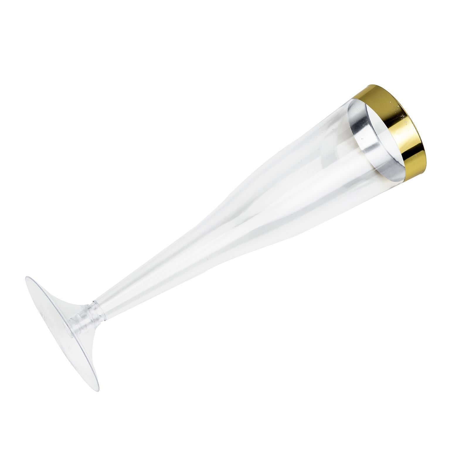 12-Pack Stylish Disposable 6oz Plastic Champagne Flutes with Detachable Base, Clear with Gold Rim
