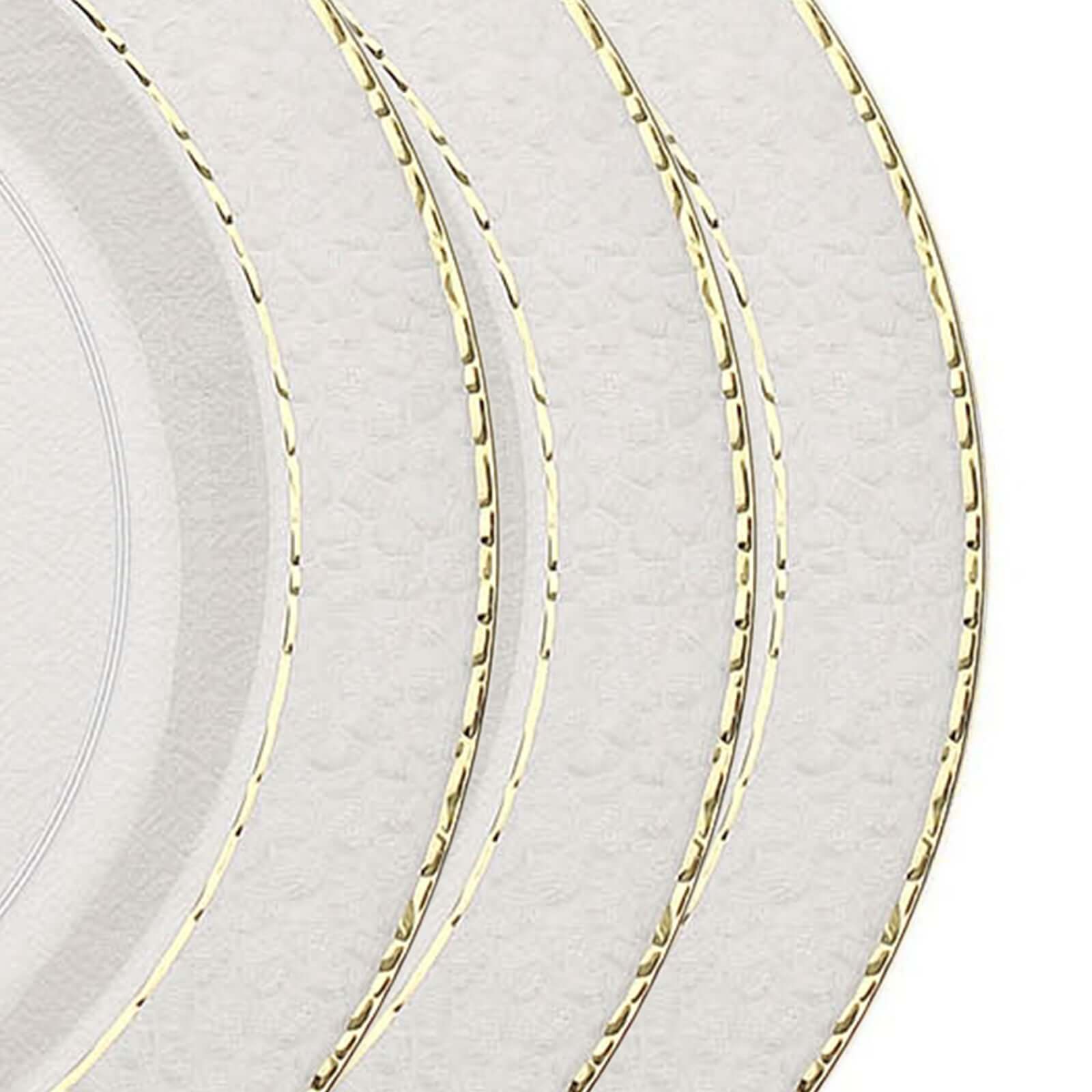 Special Offer! 10-Pack Disposable Round Plastic Dinner Plates with Clear Hammered Design and Gold Rim for Chic Events