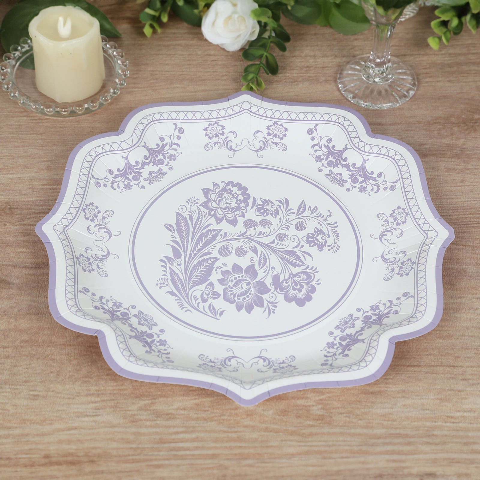 25-Piece Set of White and Lavender Lilac Damask Floral Disposable Paper Dinner Plates, 10-Inch