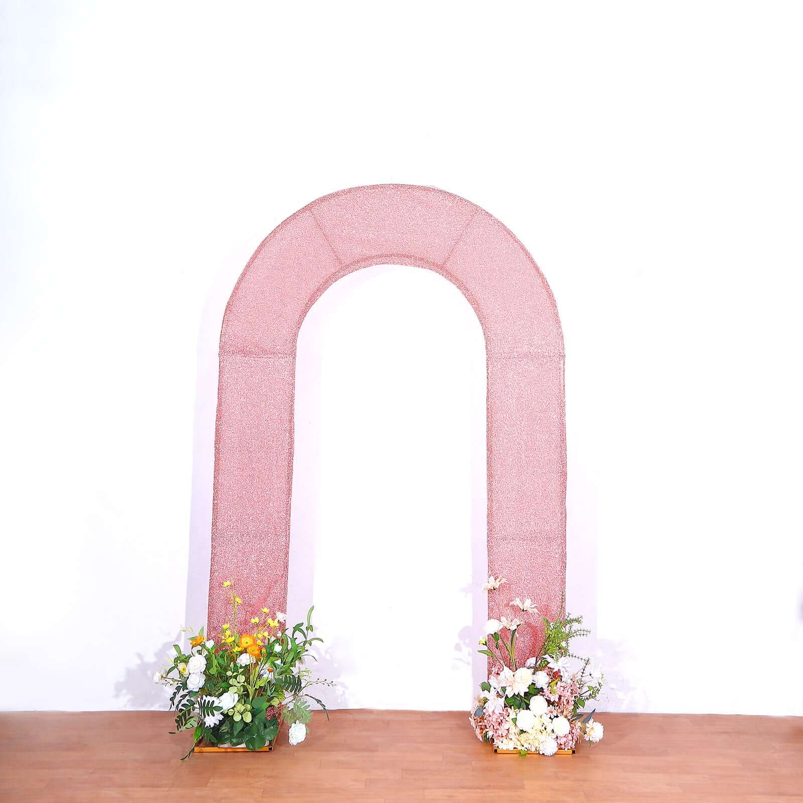 Premium 8ft Rose Gold Shimmer Tinsel Spandex U-Shaped Wedding Arch Slipcover - Ideal for Events
