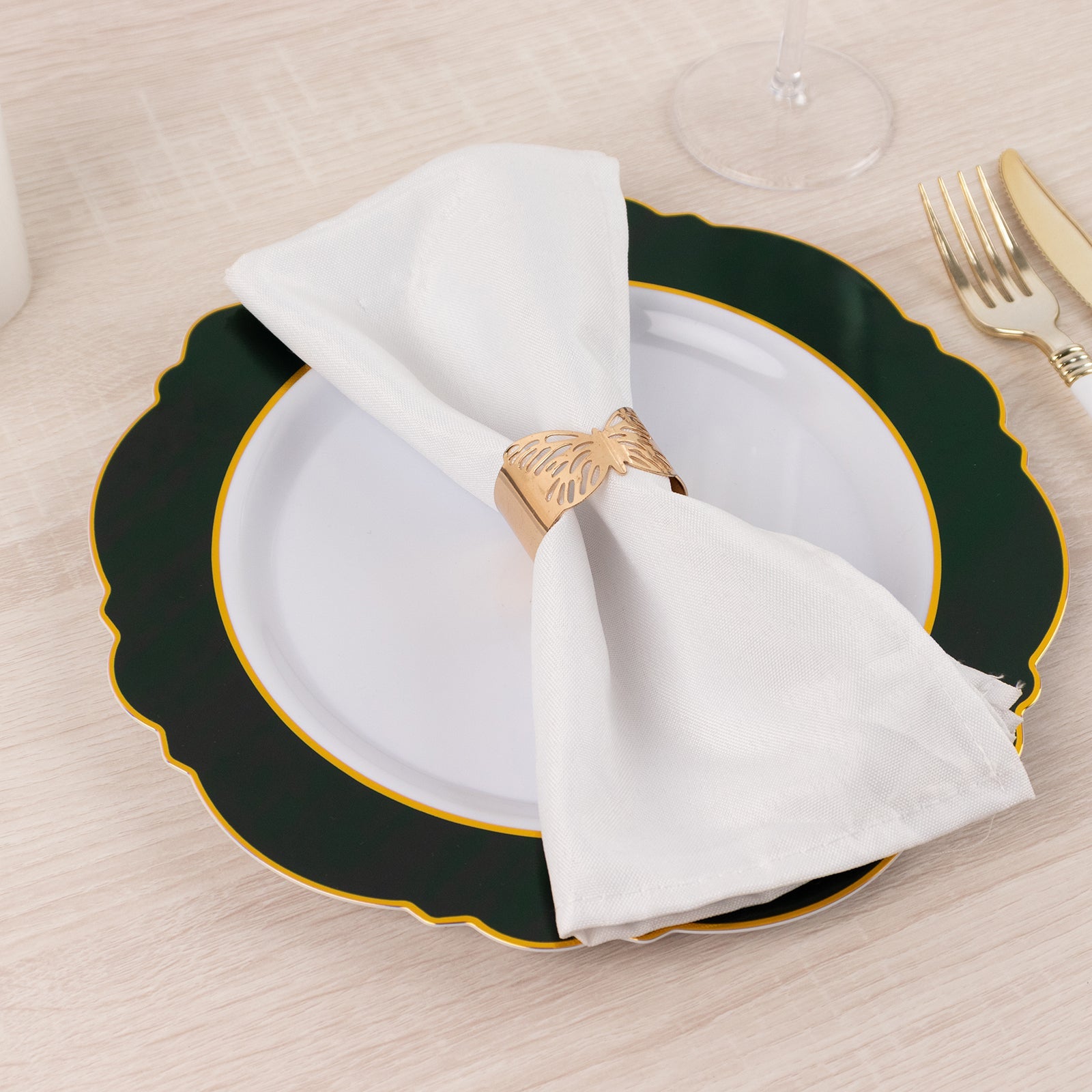 Hot Deal! 10-Pack Disposable White Plastic Dinner Plates with Hunter Emerald Green Blossom & Gold Edging