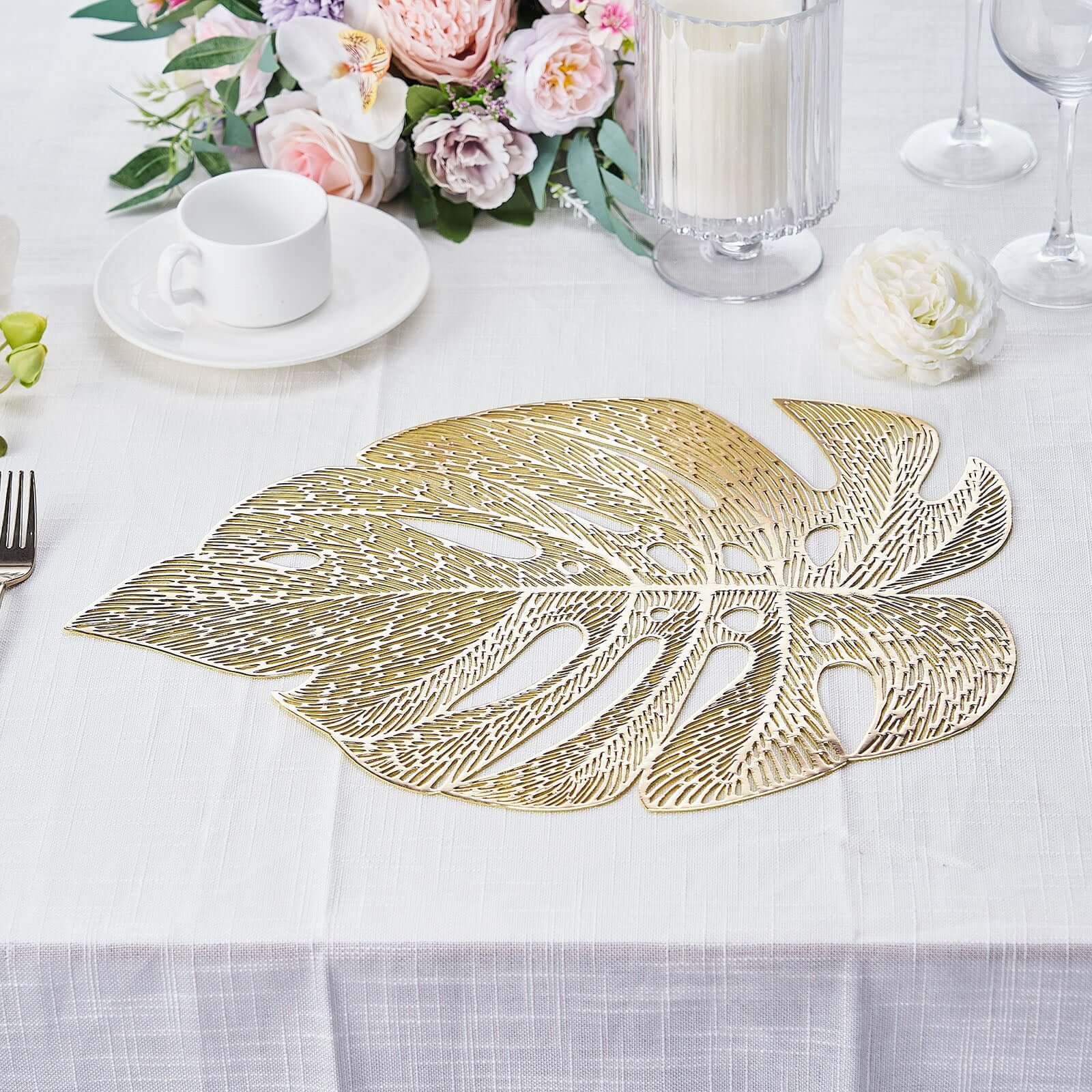 6-Pack Gold Monstera Leaf Design Vinyl Dining Table Mats with Non-Slip Surface for Tropical Decor