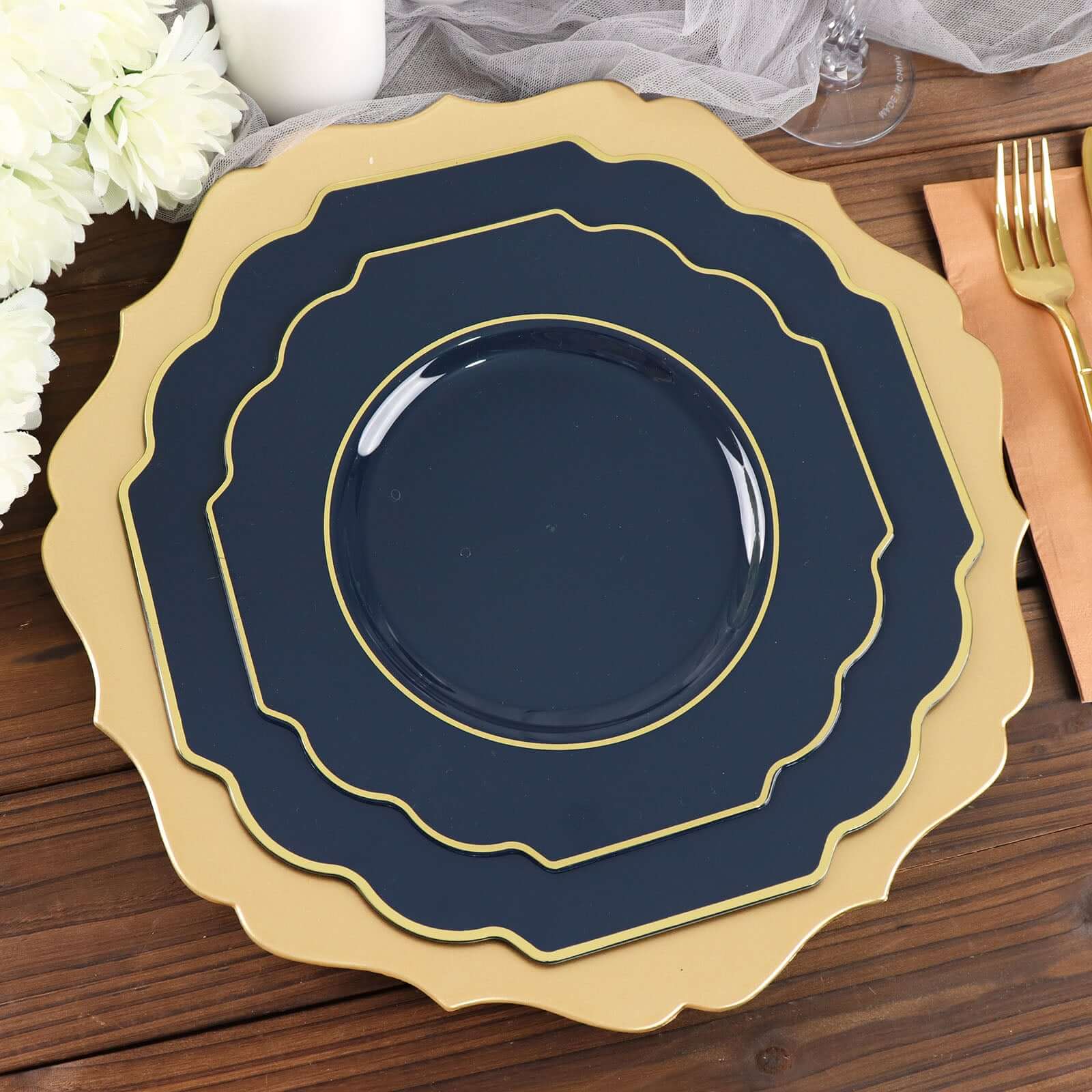 Hot Deal! 10-Pack 8" Navy Blue Disposable Baroque Salad Plates with Gold Rim