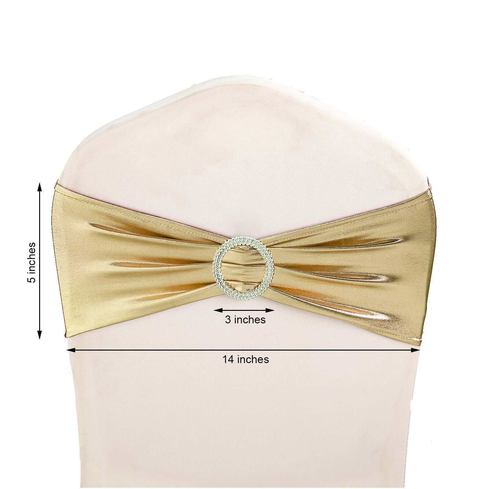 5-Pack Champagne Metallic Spandex Chair Sashes with Round Diamond Buckles - Stretch Fit!