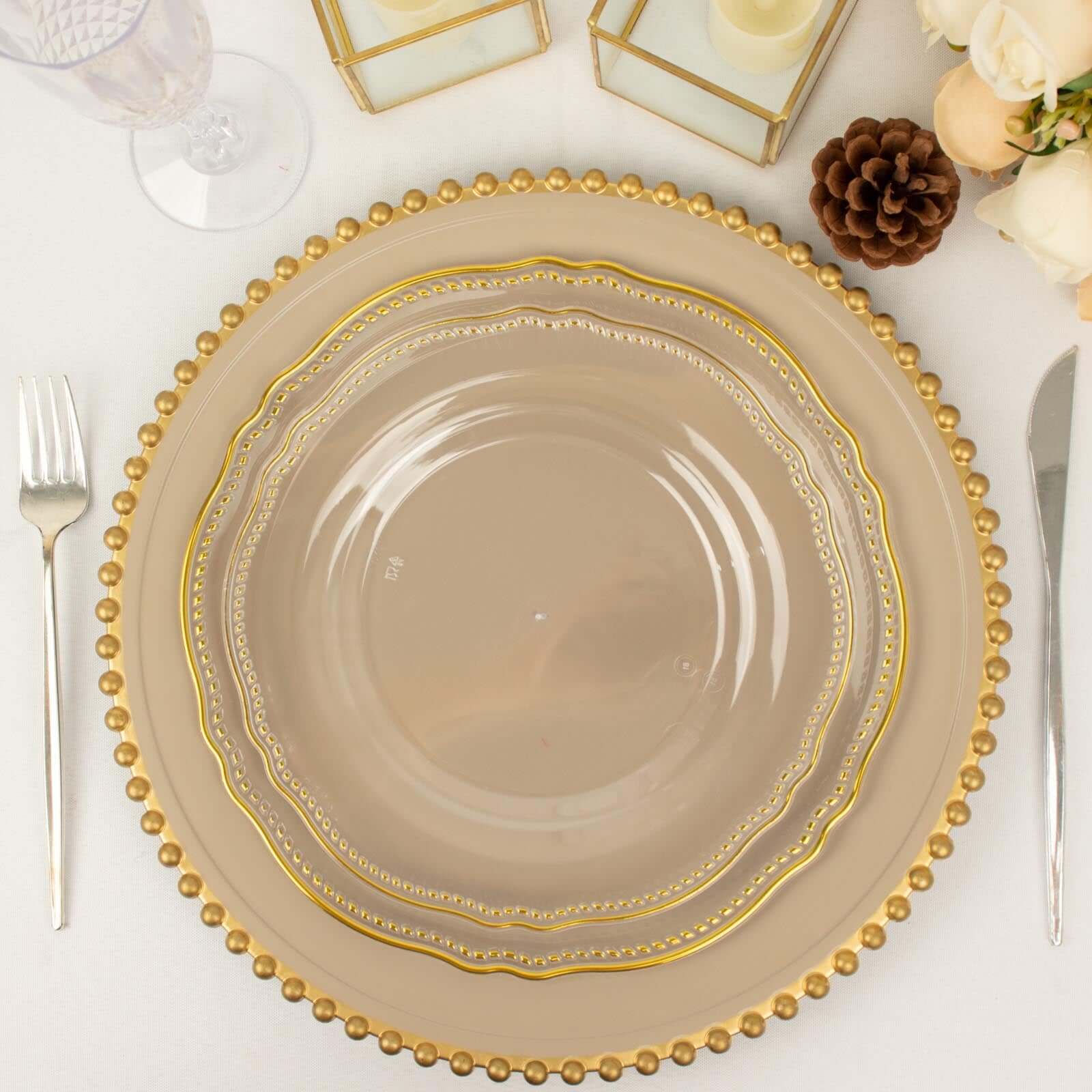 Hot Deal! 10-Pack Disposable Plastic Dinner Plates in Clear with Gold Scalloped Rim, 9 Inches