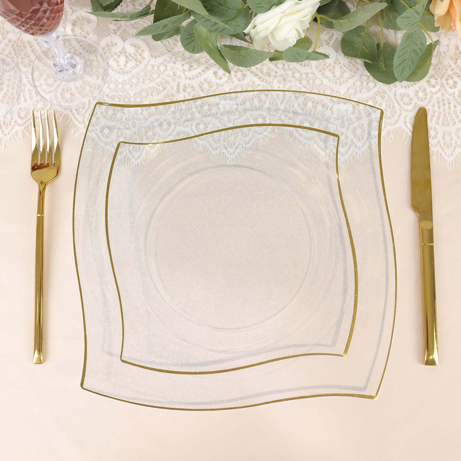 10-Piece Set of Clear Plastic Square Dessert Plates with Gold Wavy Rim - Disposable for Party Use
