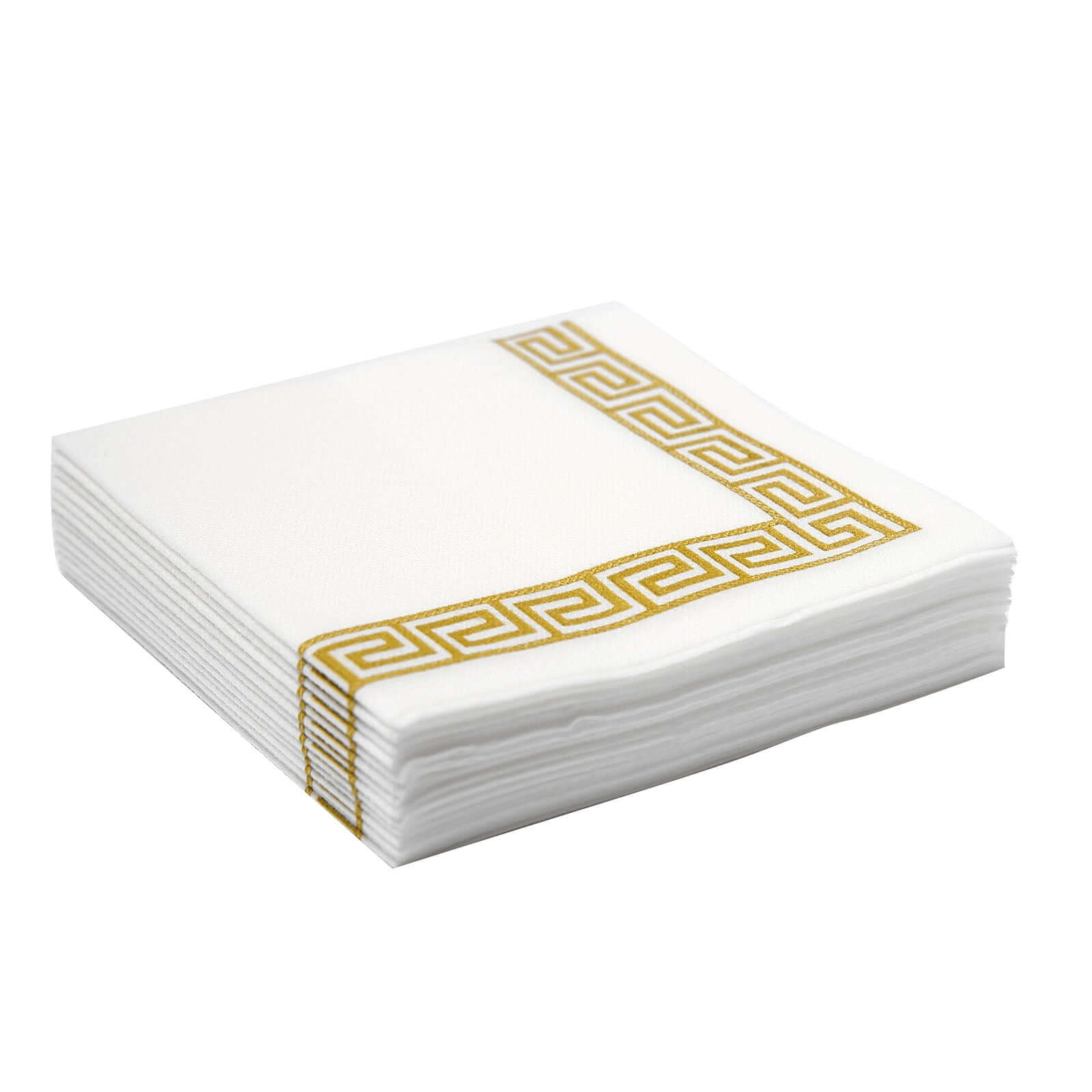 25-Piece Set of Hygienic Disposable Airlaid White Napkins with Gold Greek Key Design, 5x5 Size