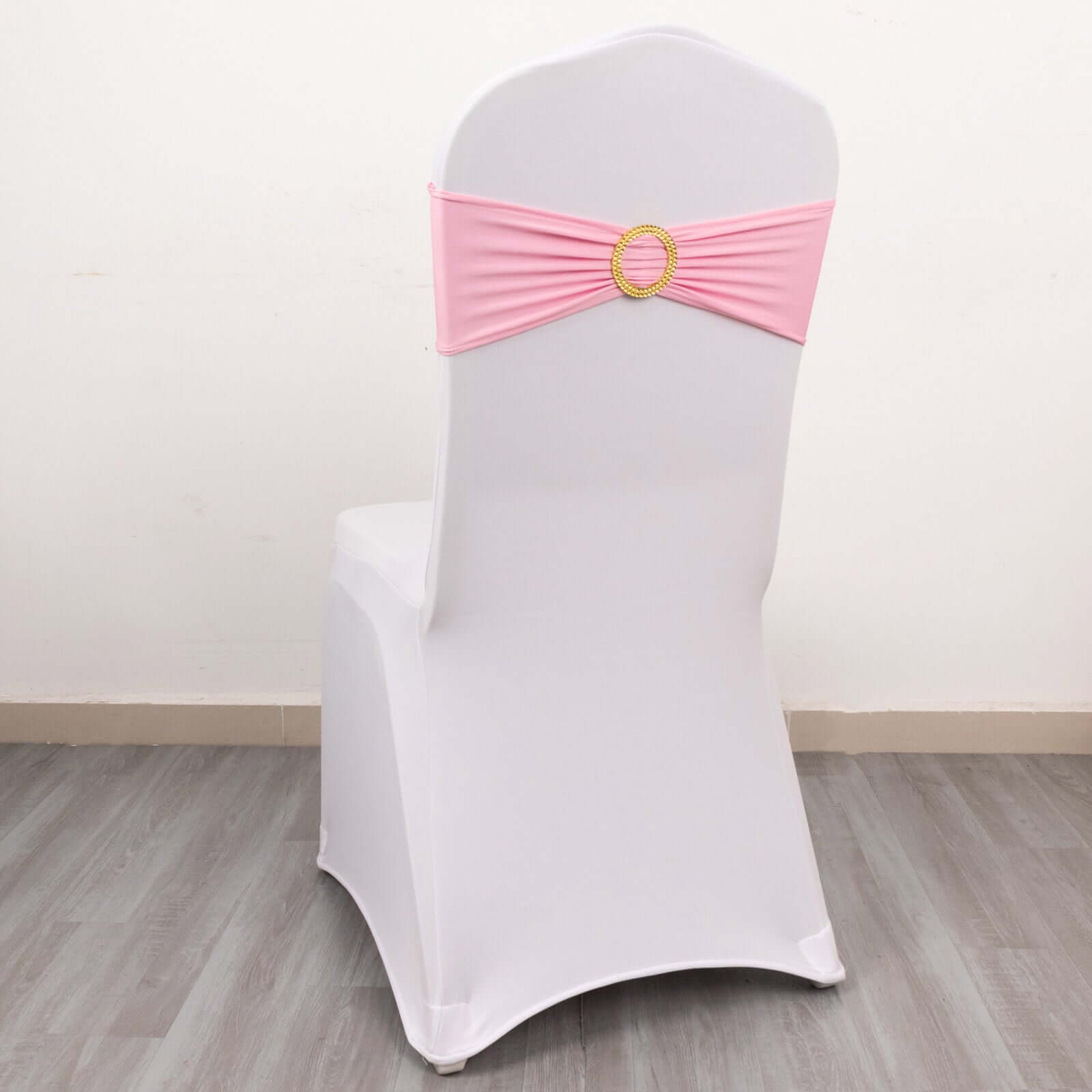 Hot Deal! 5-Pack Pink Spandex Chair Sashes with Gold Rhinestone Buckles, Reusable 4-Way Stretch