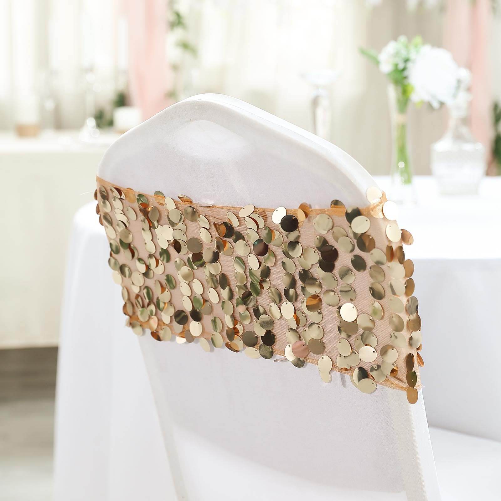 Hot Deal! 5-Pack Gold Big Payette Sequin 13x10 Chair Sash Bands for Weddings & Gatherings