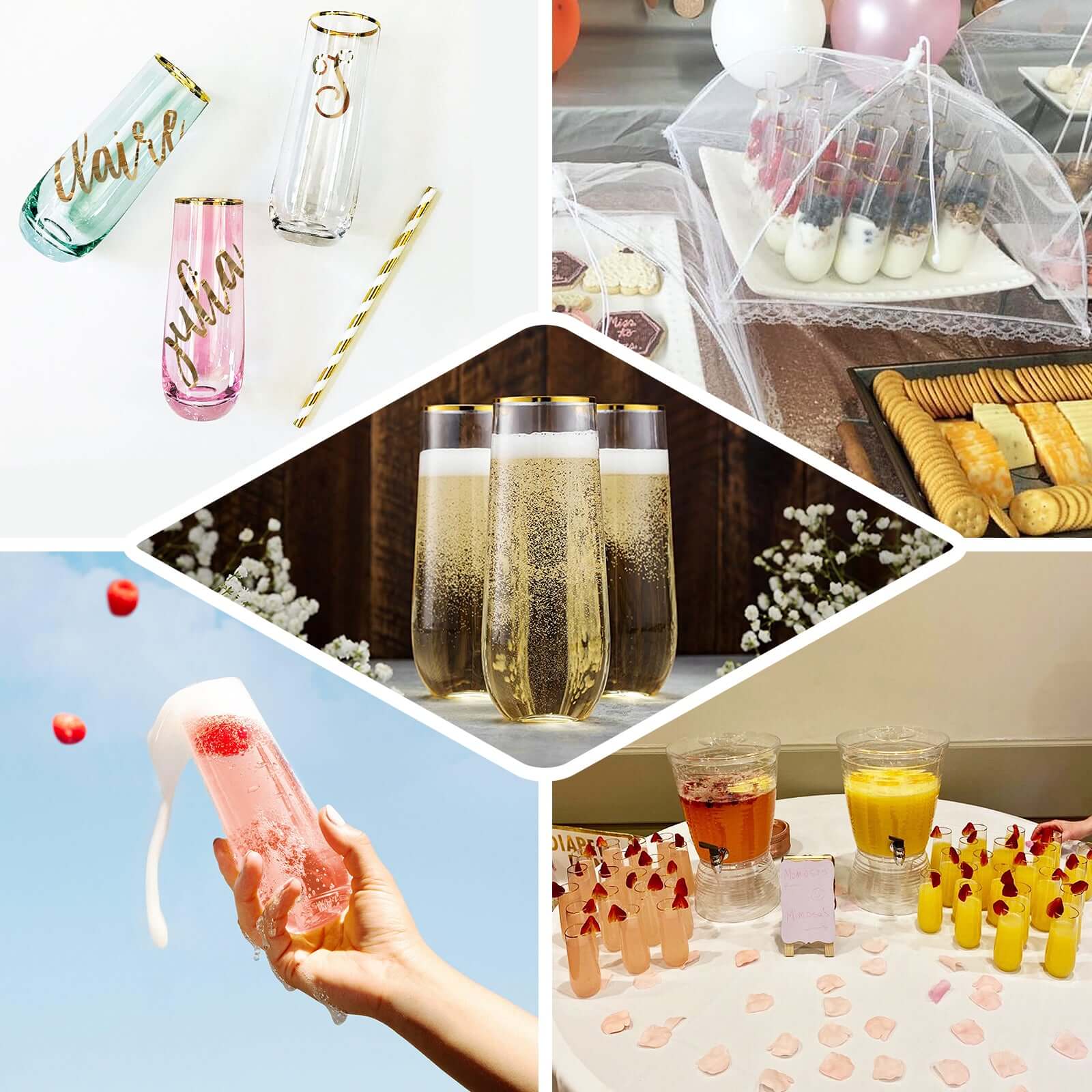9oz Reusable 6-Pack Clear Plastic Stemless Champagne Flutes with Gold Rim