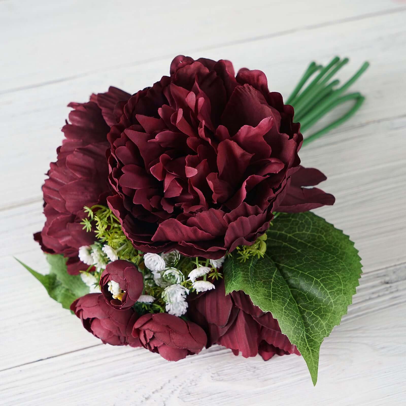 Hot Sale! 12-piece Burgundy Artificial Silk Peony Bouquet for Various Decorations