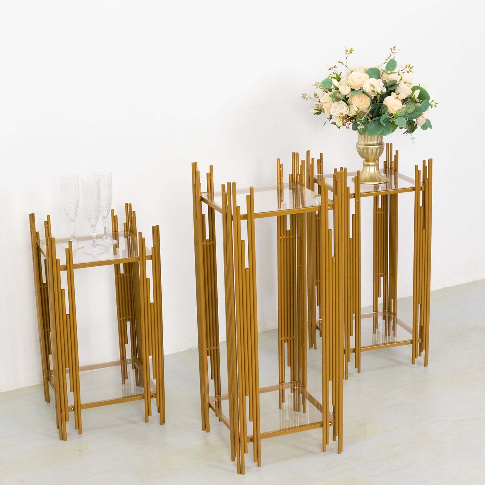 Hot Deal! Set of 3 Gold Metal Wedding Pedestal Stands with Square Acrylic Plates