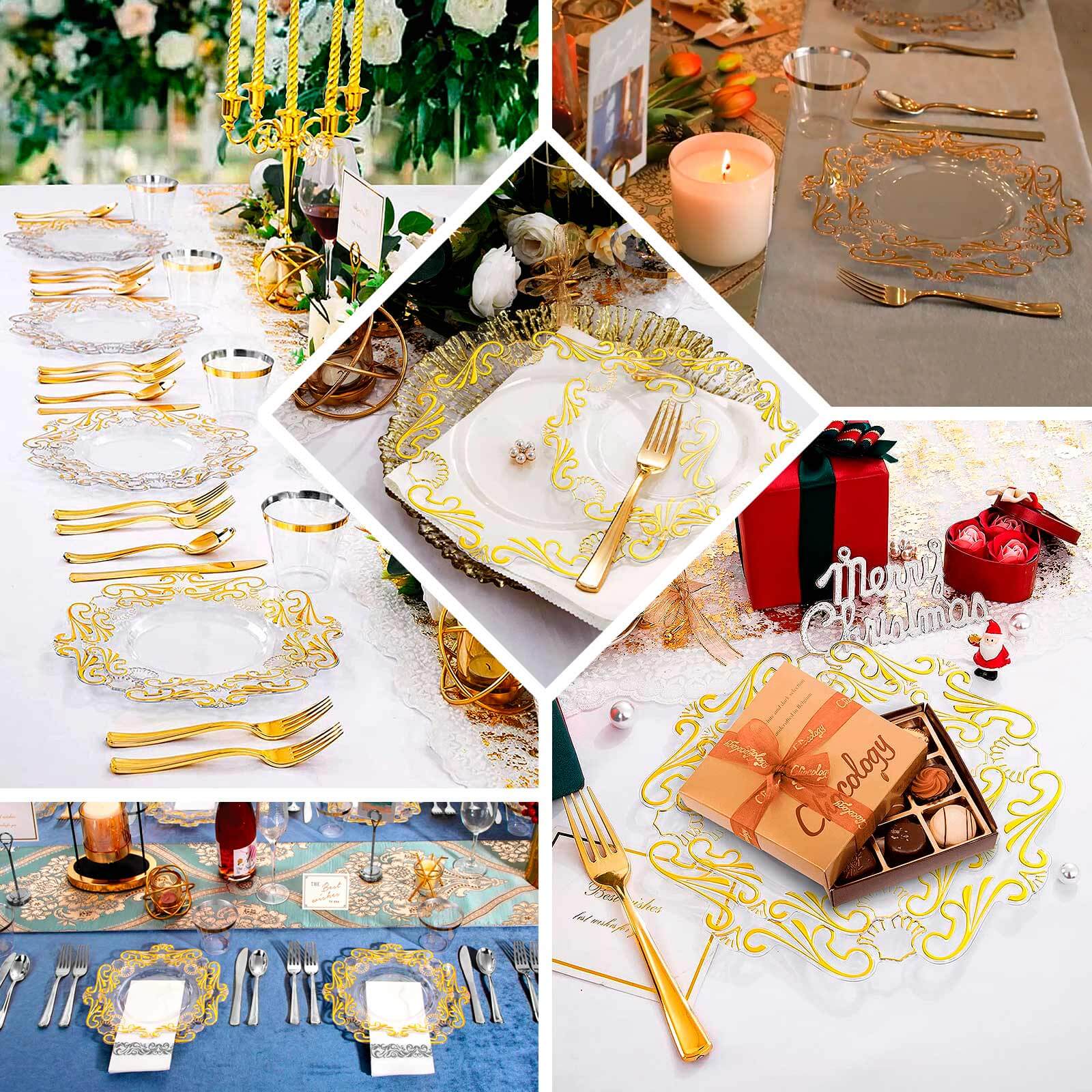 10-Piece Set of Clear Plastic Round Dessert Plates with Gold Vintage Baroque Scalloped Edge