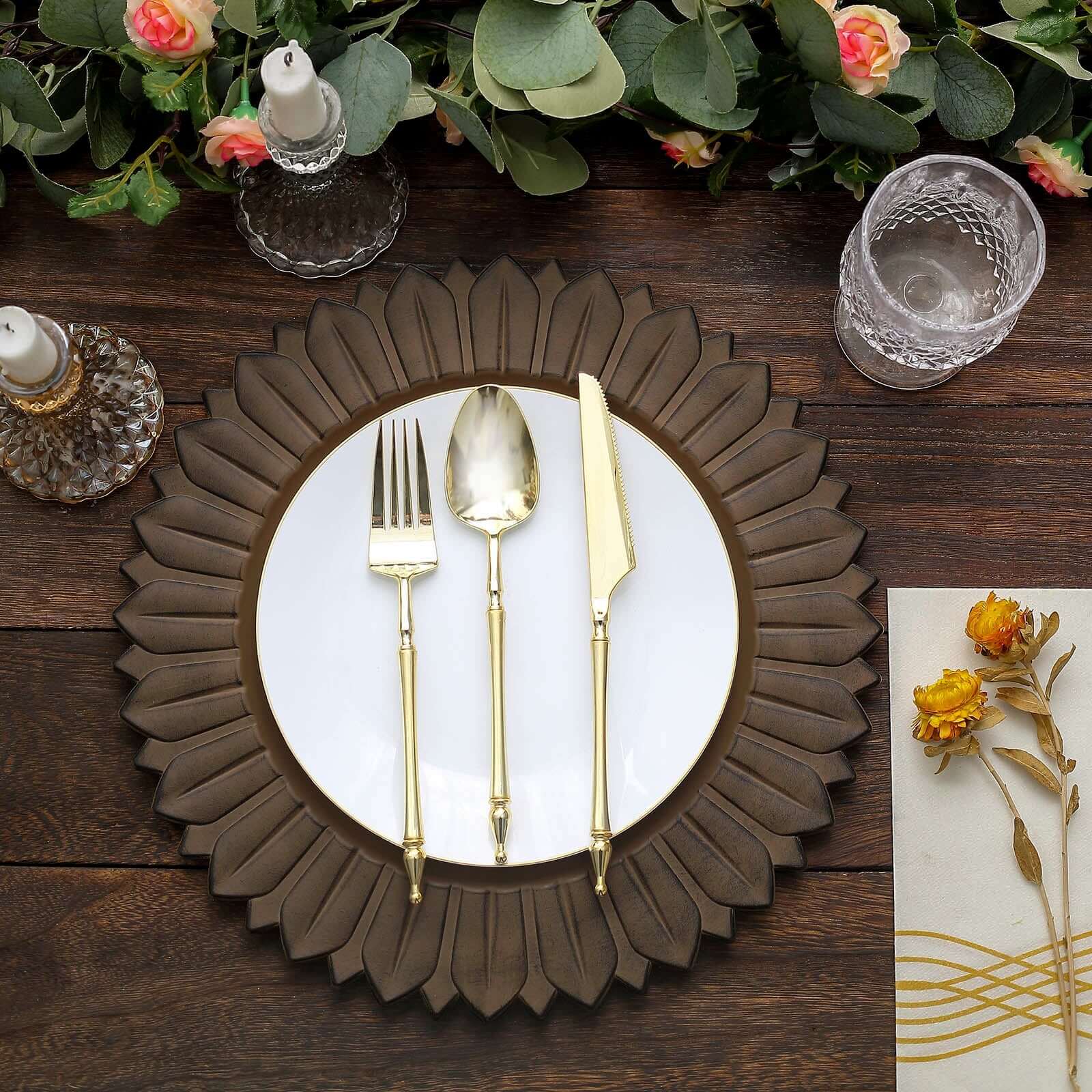 Hot Sale! 6-Pack 13in Plastic Round Disposable Dinner Charger Plates with Sunflower Rim, Matte Natural Finish