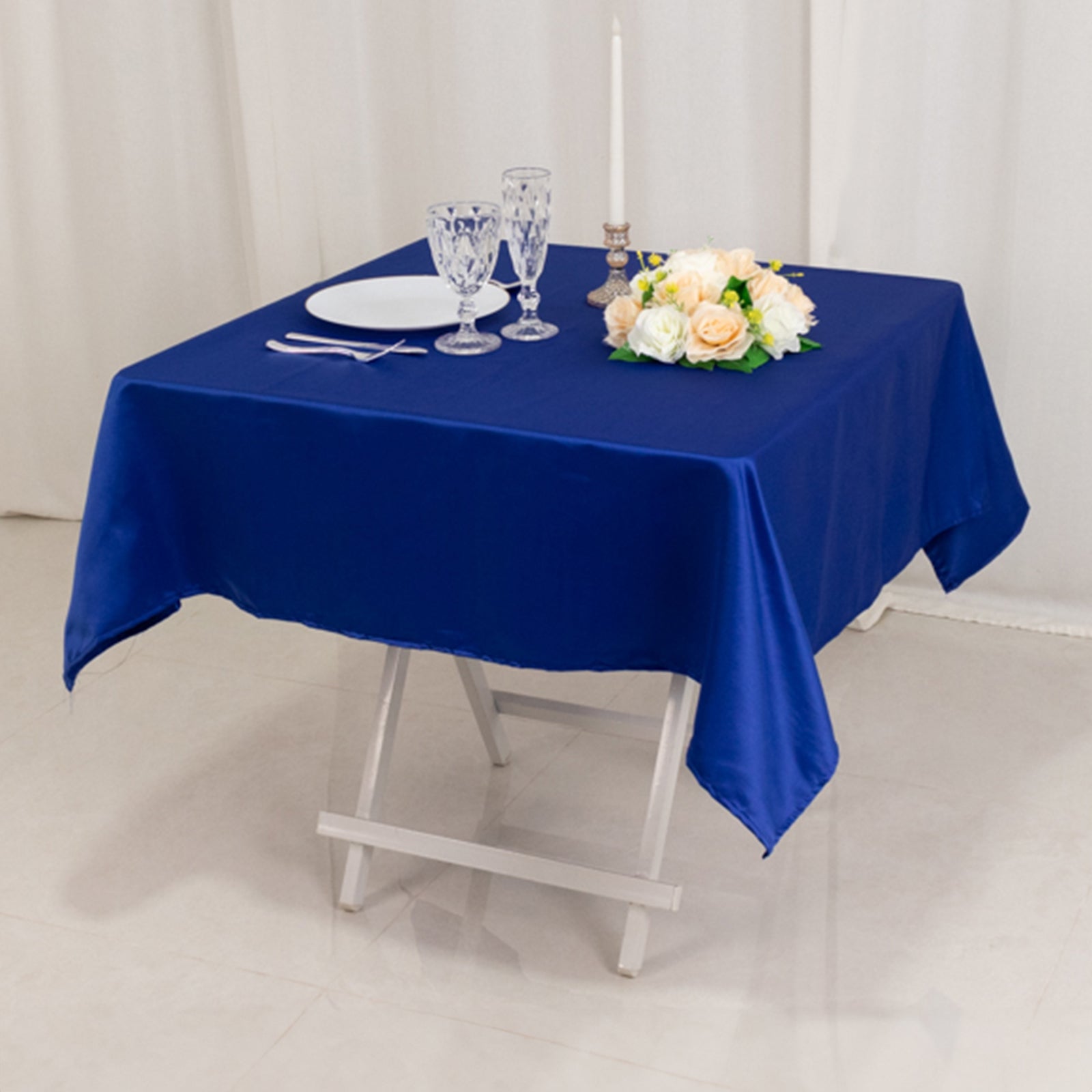 Royal Blue Lamour Satin Square Table Overlay - 54x54, Durable & Silk-Like Table Cover