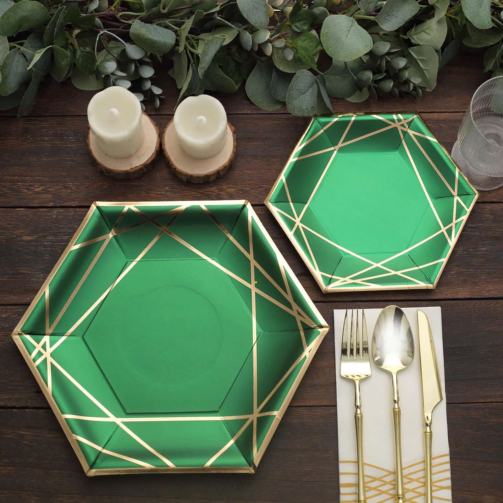 25-Piece Set of Hunter Emerald Green Paper Hexagon Dinner Plates with Gold Geometric Rim