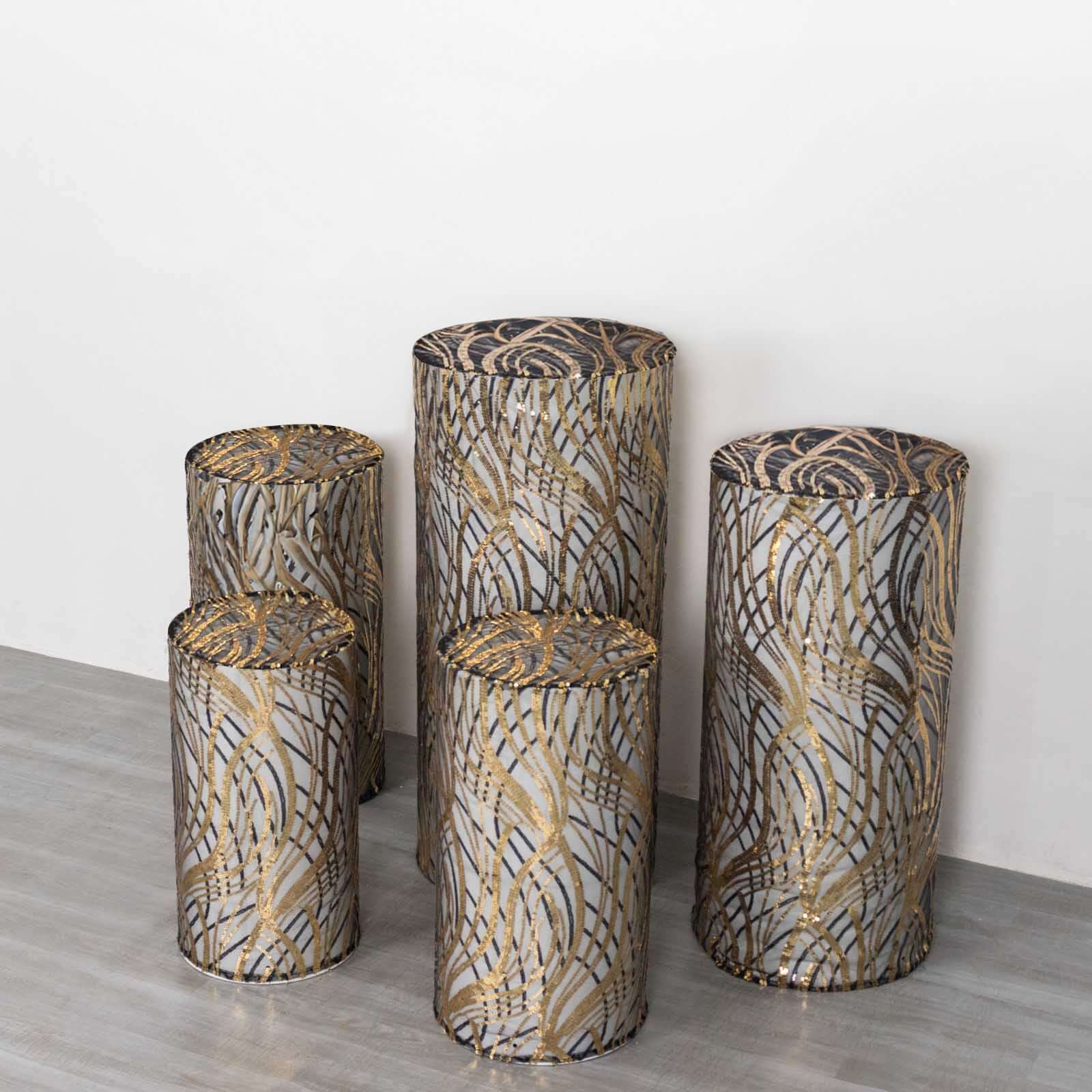 Hot! Set of 5 Embroidered Sequin Black Wave Mesh Cylinder Pedestal Stand Covers