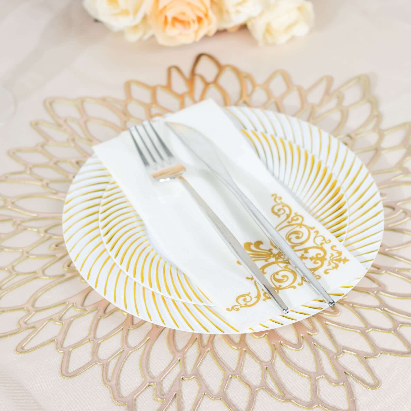 10-Pack Disposable White Plastic Round Dessert Plates with Gold Swirl Rim for Elegant Events