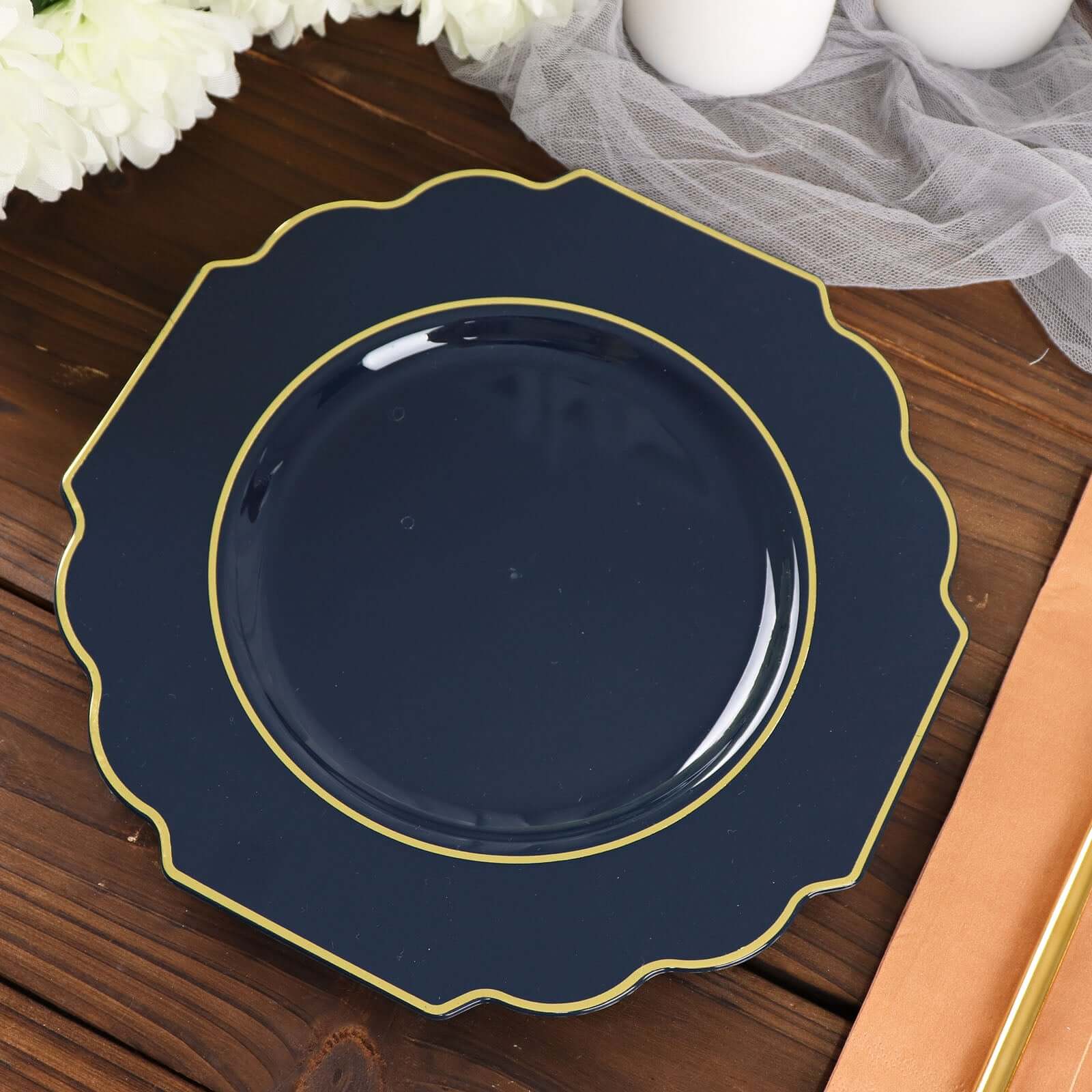 Hot Deal! 10-Pack 8" Navy Blue Disposable Baroque Salad Plates with Gold Rim