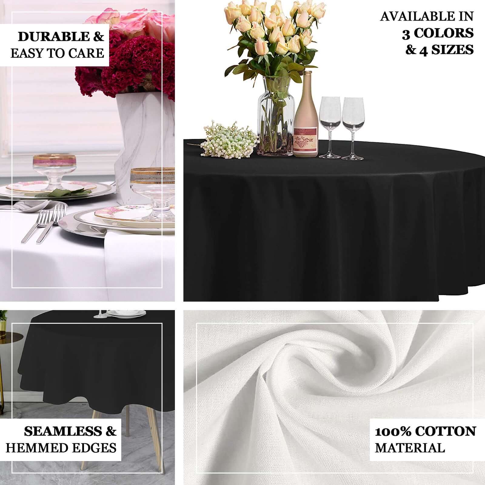 Black 90 Round 100% Cotton Tablecloth - Soft, Breathable & Exquisite
