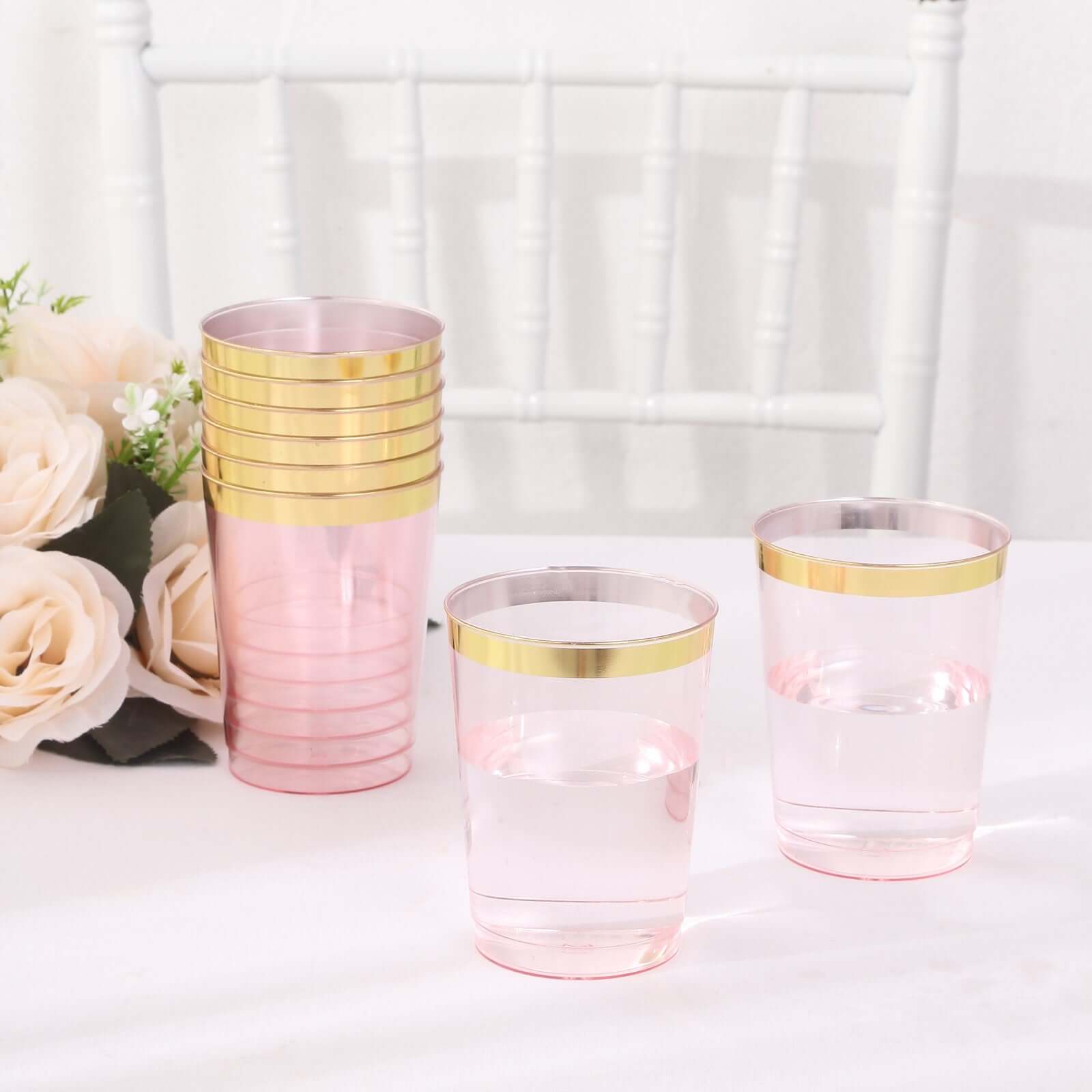 25-Pack 10oz Disposable Plastic Tumbler Cups in Transparent Blush with Stylish Gold Rim