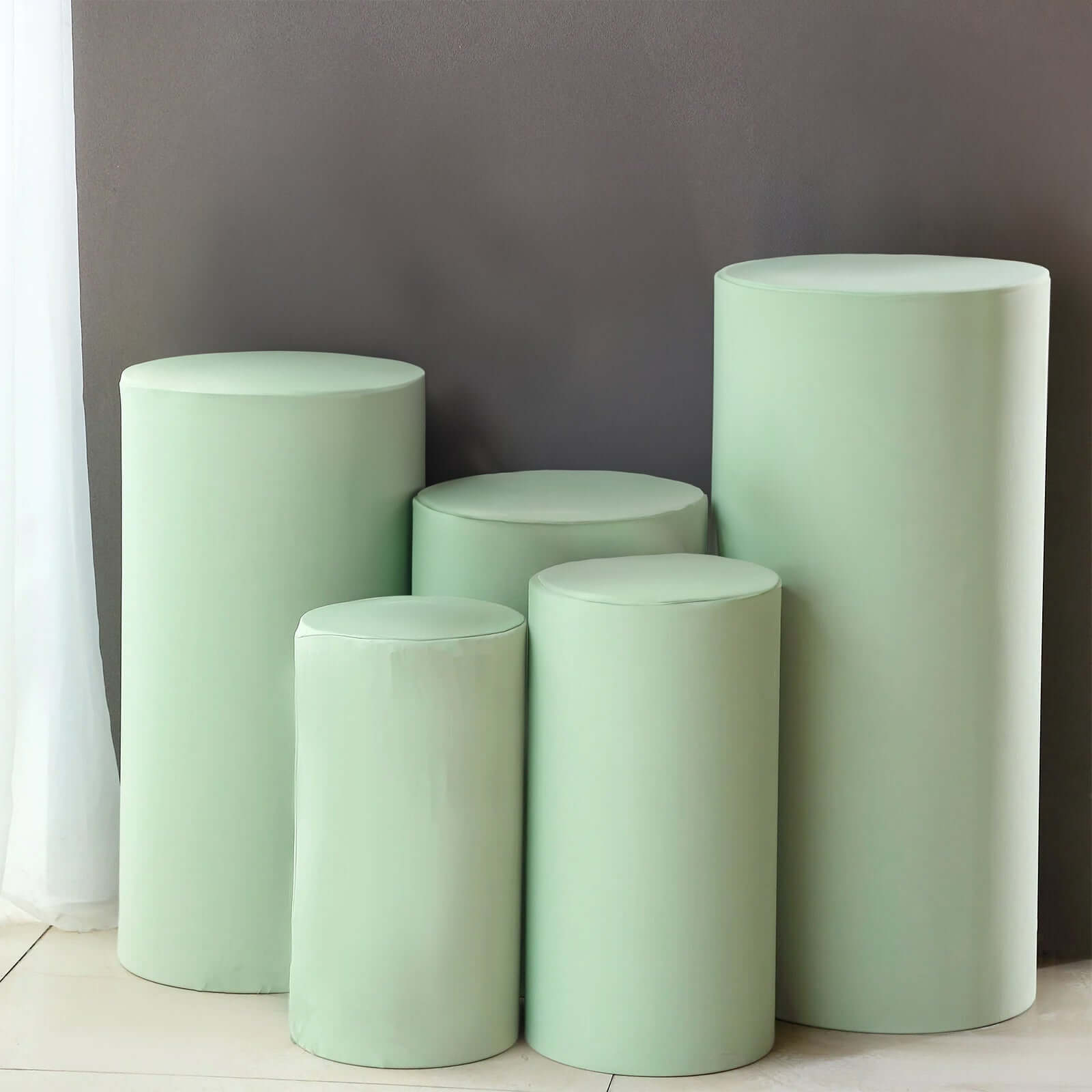 Special Offer! Set of 5 Stretchable Sage Green Spandex Cylinder Pedestal Stand Covers - 160 GSM