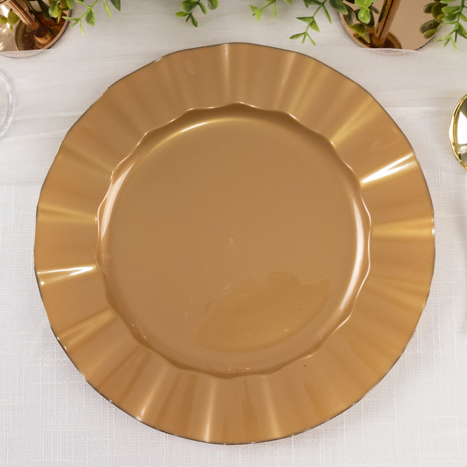 Get This 10-Pack of Sturdy Gold Plastic Round Dinner Plates with Ruffled Rim for Classy Events