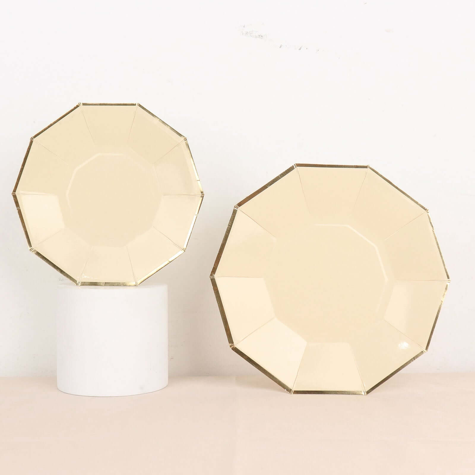 Get 25-Pack of 7-Inch Beige Paper Appetizer Plates with Stylish Gold Foil Rim