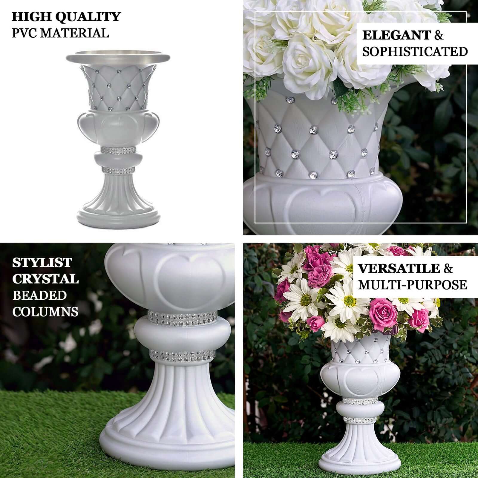 2-Pack 18-Inch Tall PVC Pedestal Stand Flower Plant Pillar with 10mm White Crystal Studs, Italian-Inspired