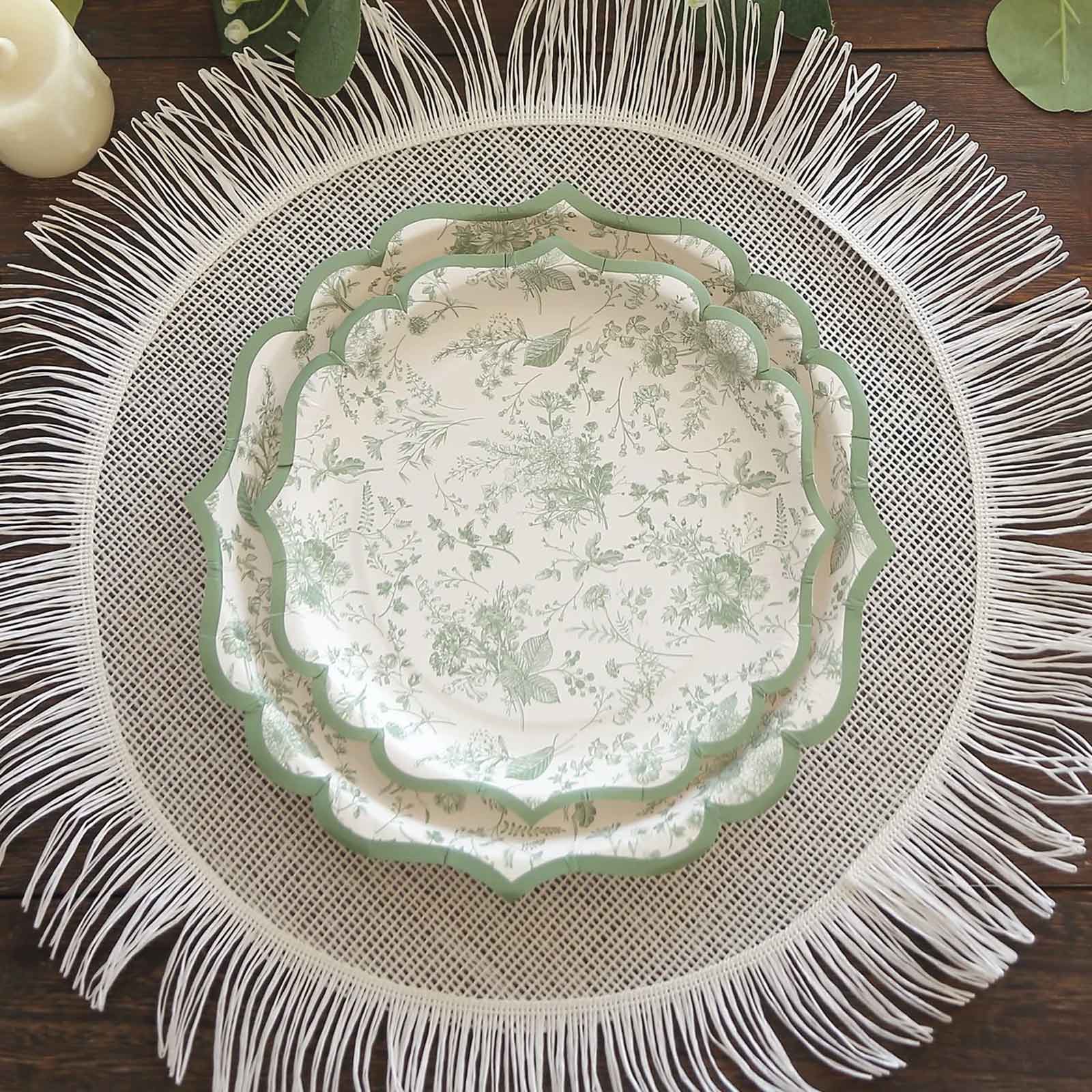 25-Piece Disposable White & Sage Green French Toile 8-Inch Round Dessert Plates for Stylish Tables