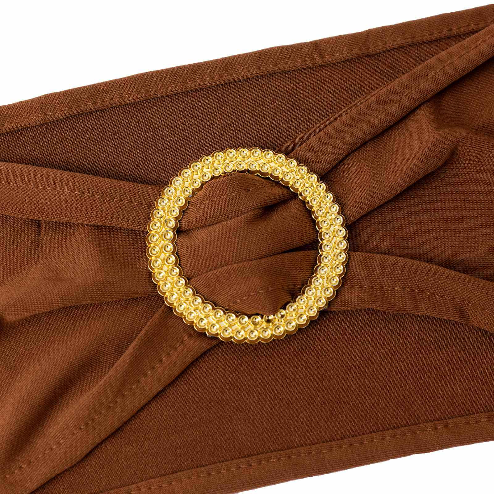Hot Sale! 5-Piece Set of Reusable Cinnamon Brown Spandex Chair Sashes with Gold Rhinestone Buckles, 5x14