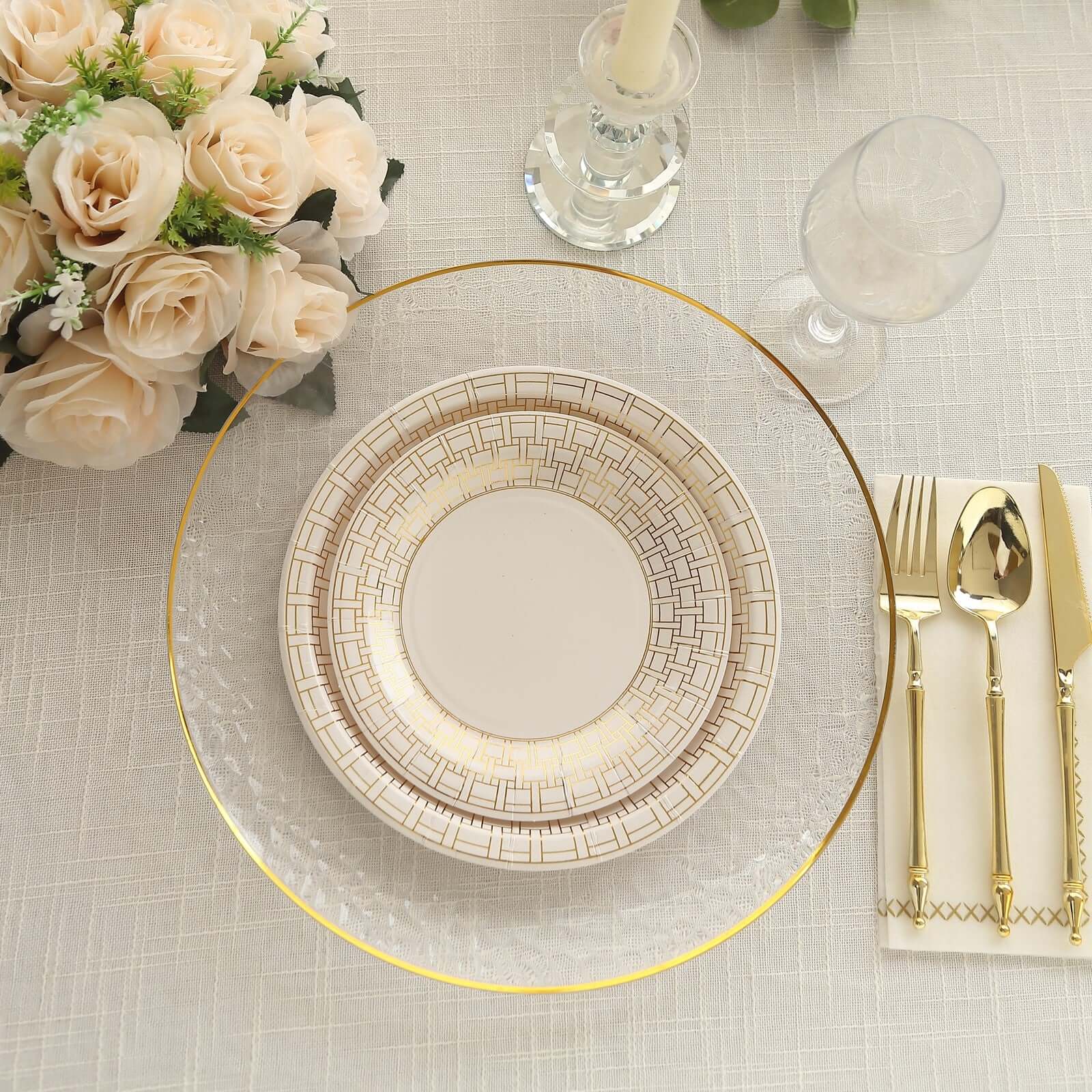 25-Pack Disposable White Paper Dinner Plates with 9" Gold Basketweave Rim for Parties