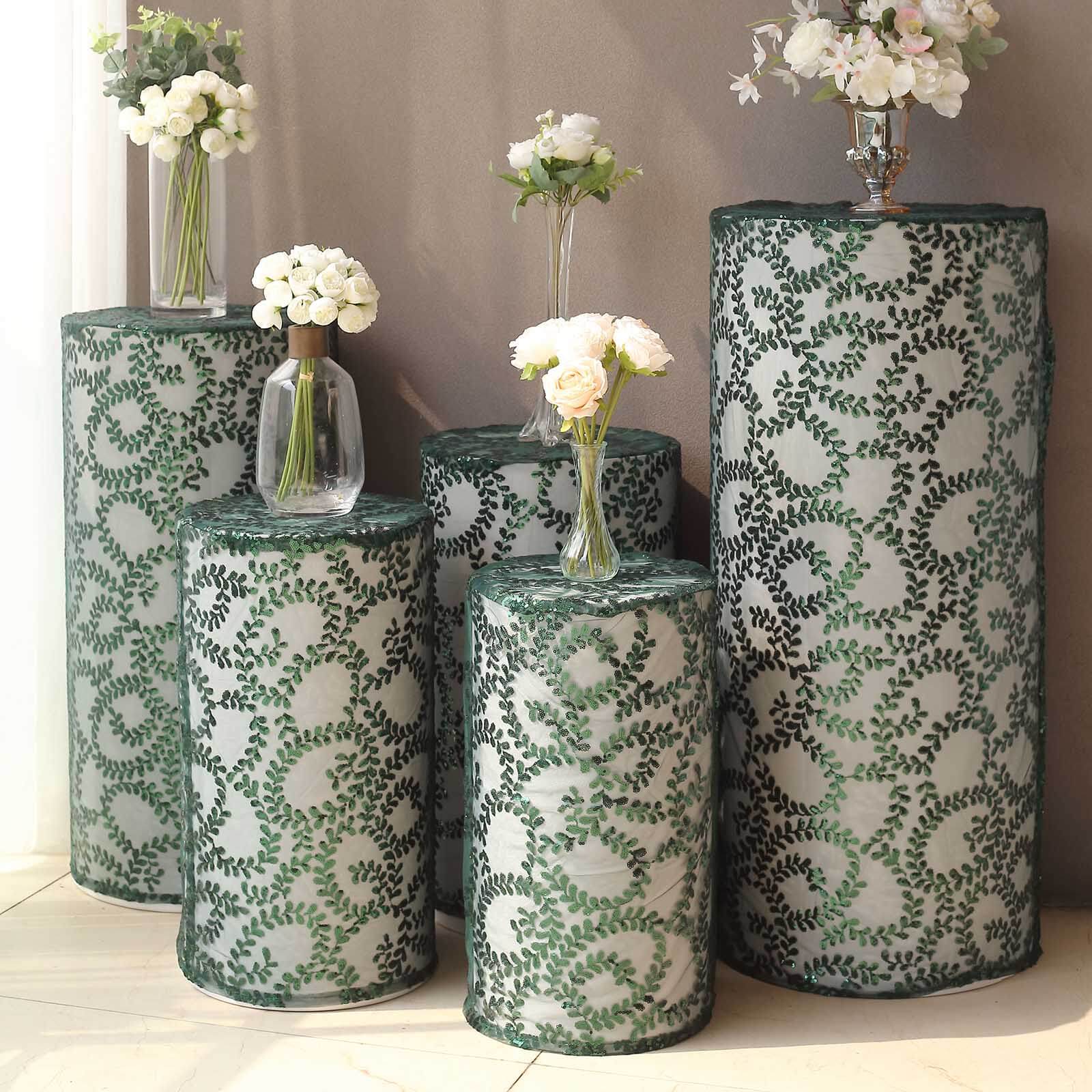 Hot Deal! Set of 5 Sparkly Hunter Emerald Green Sequin Mesh Cylinder Pedestal Stand Covers with Leaf Vine Embroidery