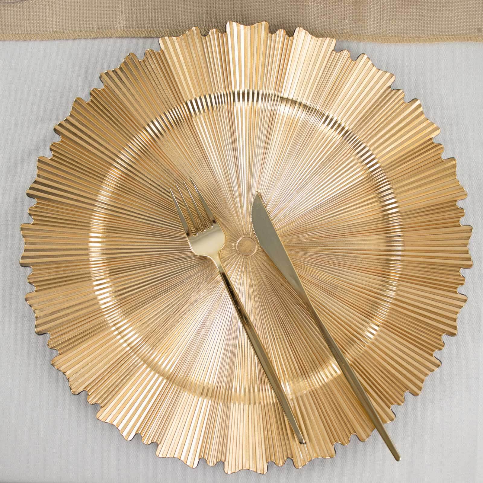 Set of 6 Metallic Gold 13-inch Acrylic Plastic Round Charger Plates with Sunray Scalloped Rim