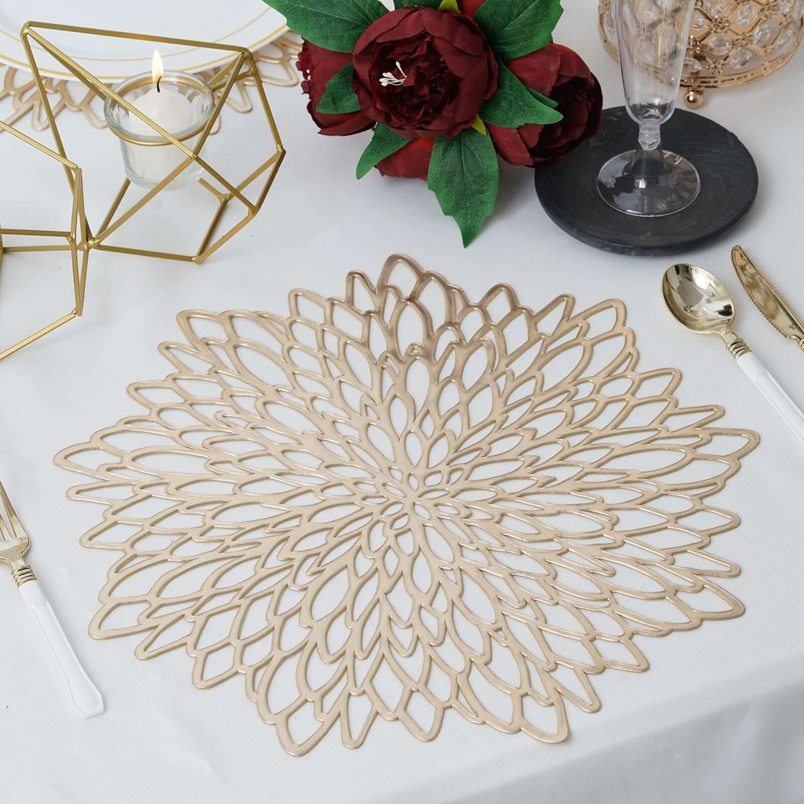 Hot Deal! 6-Pack Gold Floral Vinyl Round Non-Slip Dining Table Mats, 15"