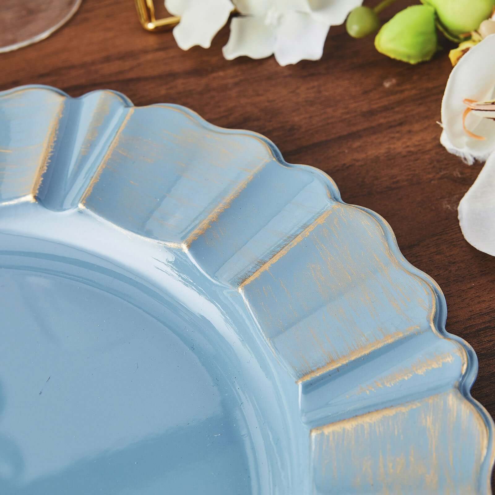 6-Piece Set of 13-Inch Dusty Blue Acrylic Plastic Round Charger Plates with Gold-Brushed Scalloped Rim for Dinner Parties