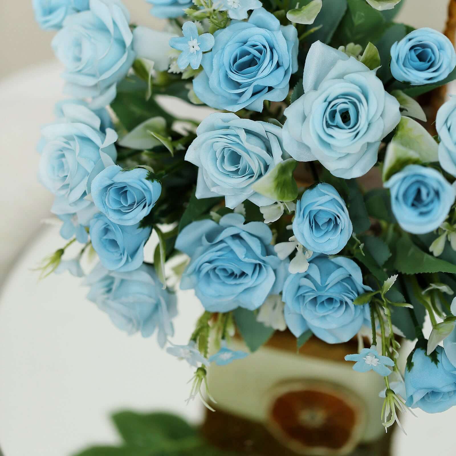 12-Inch Dusty Blue Realistic Artificial Silk Rose Flower Bouquet with 4 Bushes for Various Occasions