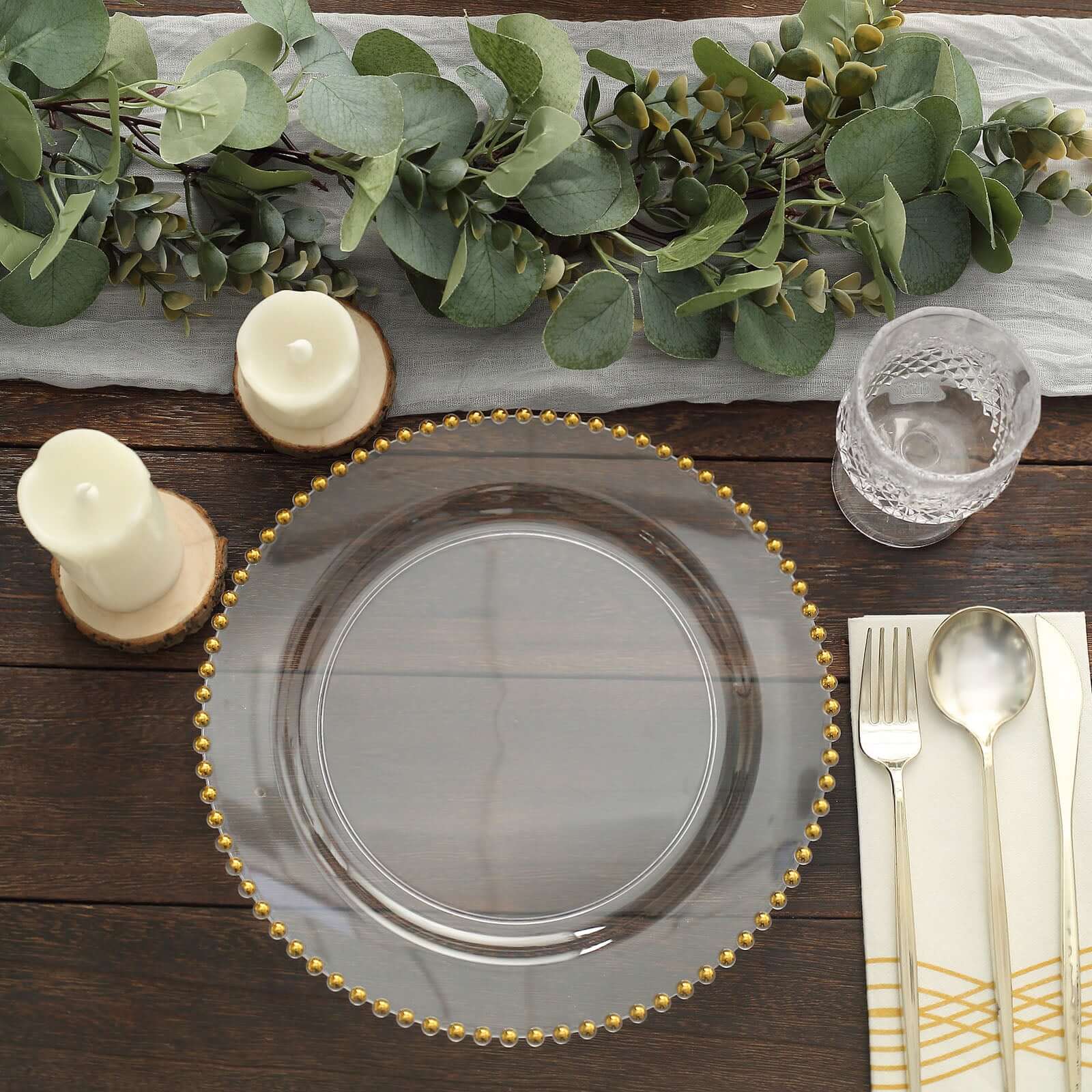 Get 10-Pack of Disposable Round Clear Plastic Dinner Plates with Gold Beaded Rim for Parties