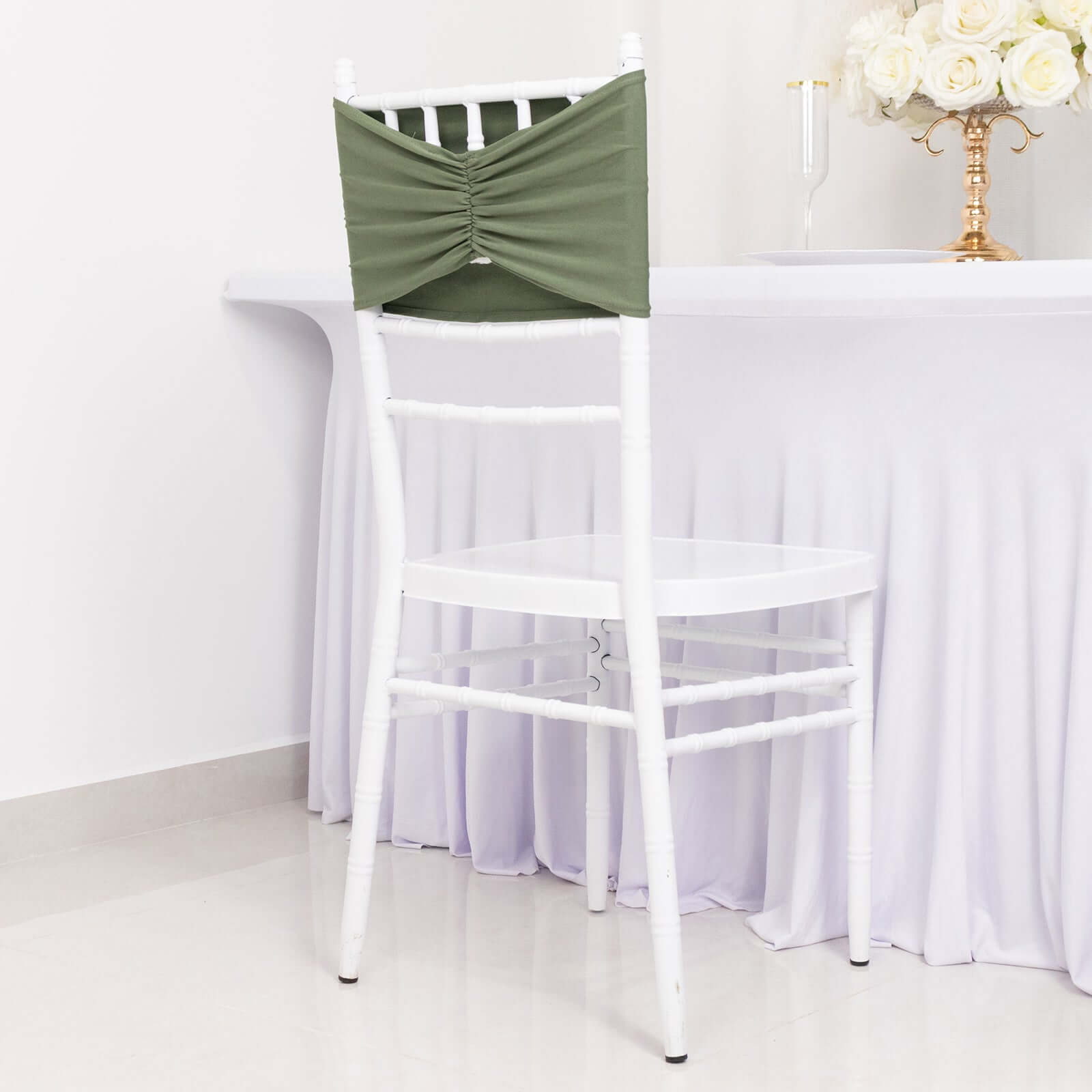 5-Piece Set of Dusty Sage Green Ruffled Spandex Chair Sashes - Wide Stretch Bands, Easy to Use
