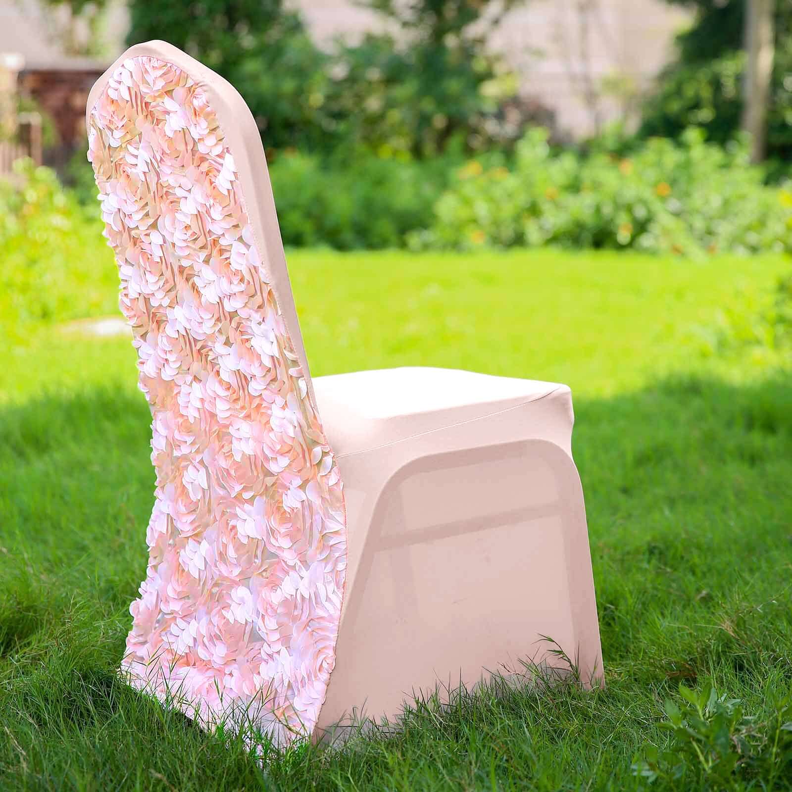 Hot Sale! Stretch Fitted Blush Satin Rosette Banquet Chair Slipcovers