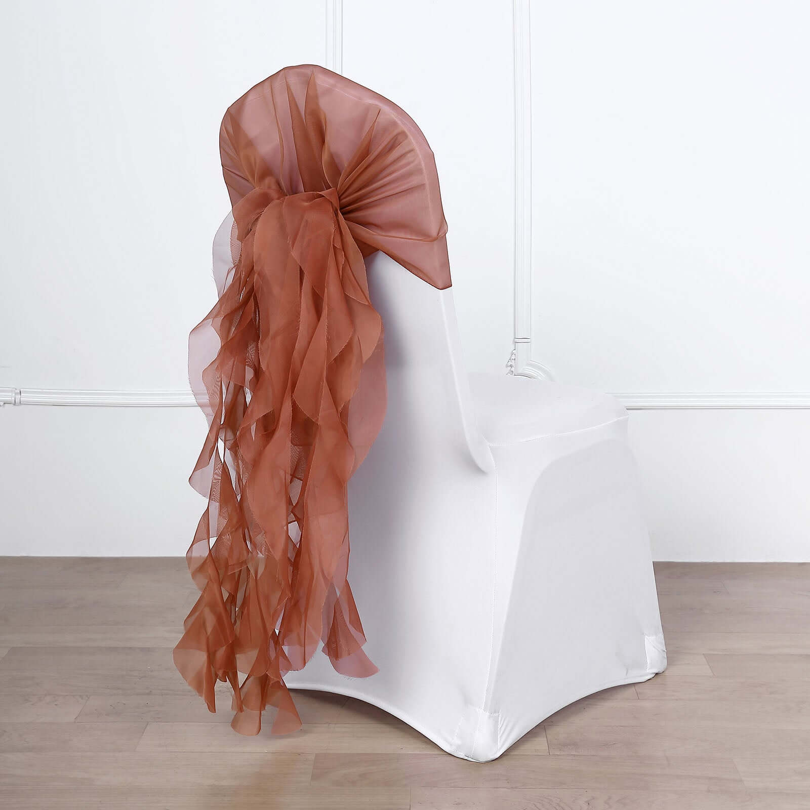 Stylish Terracotta (Rust) Chiffon Chair Sashes Set with Willow Ruffles Design